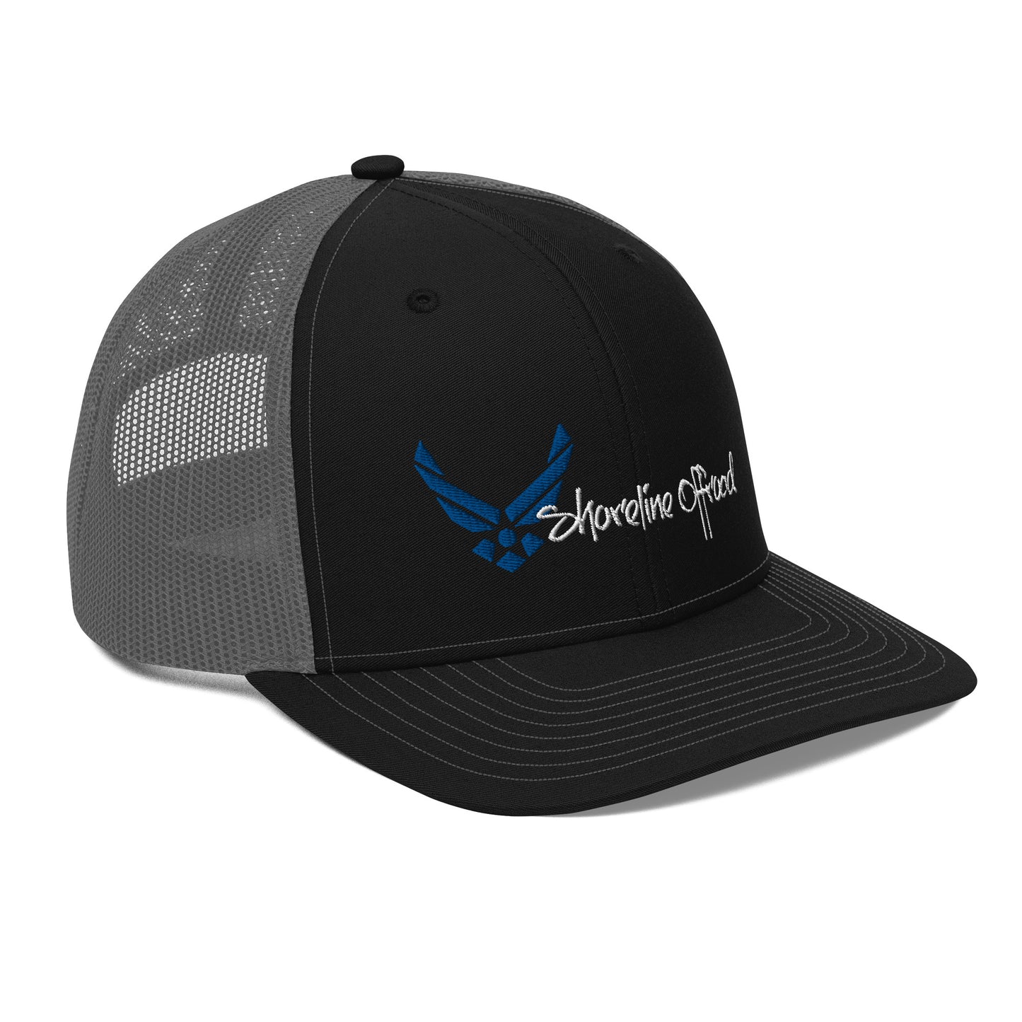 a black and gray hat with an eagle on it