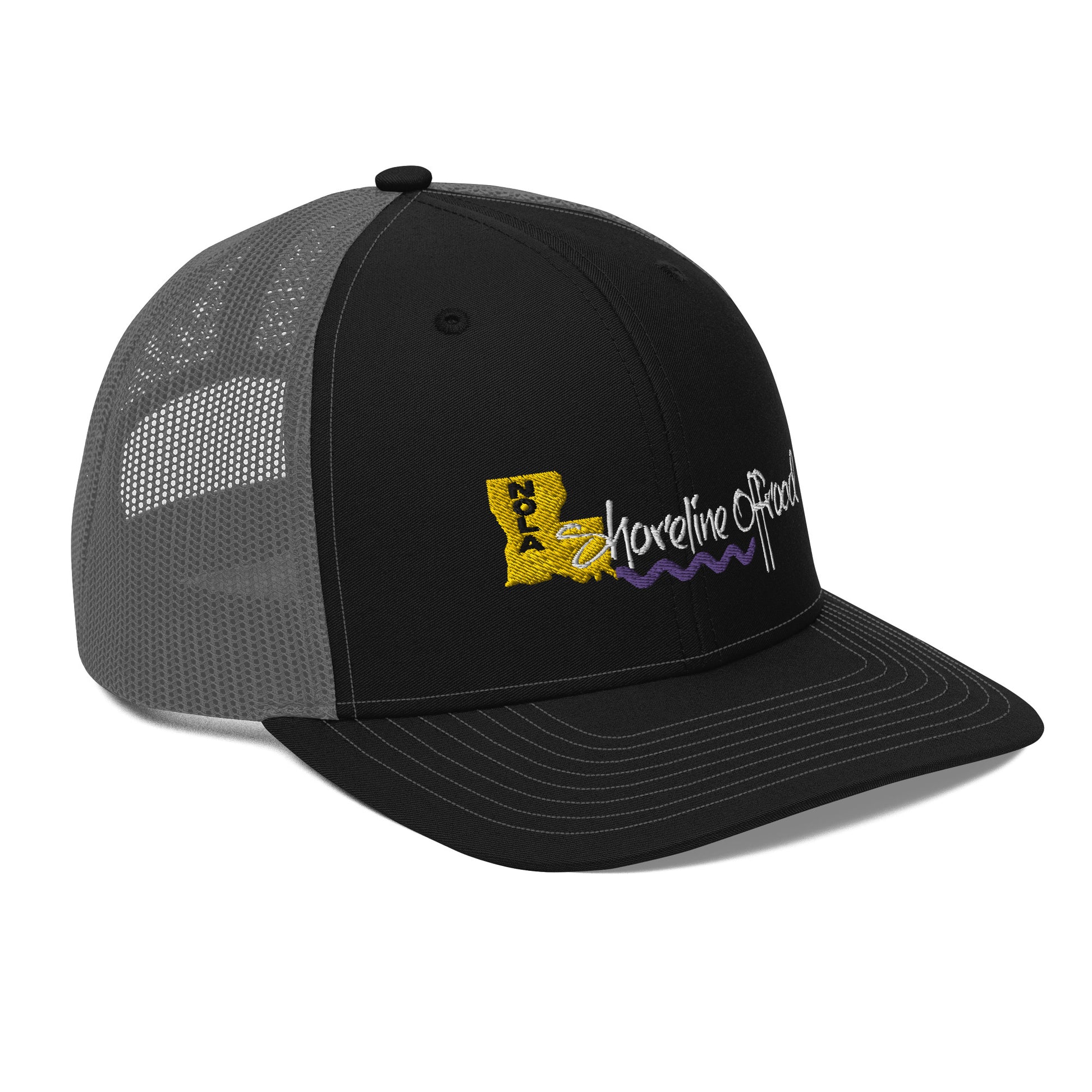 a black and gray hat with a yellow and purple logo