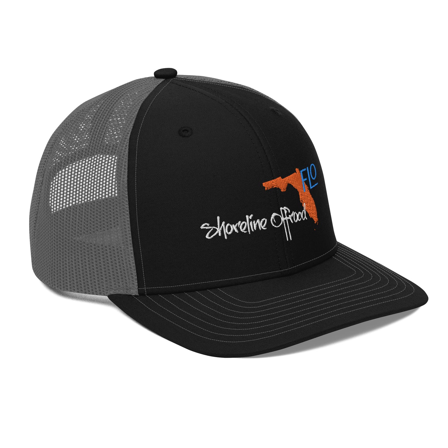 a black and gray trucker hat with an orange logo