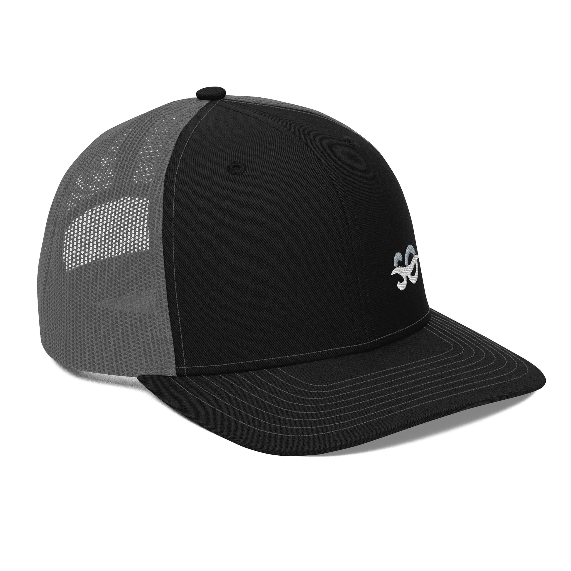 a black and grey hat with a white logo