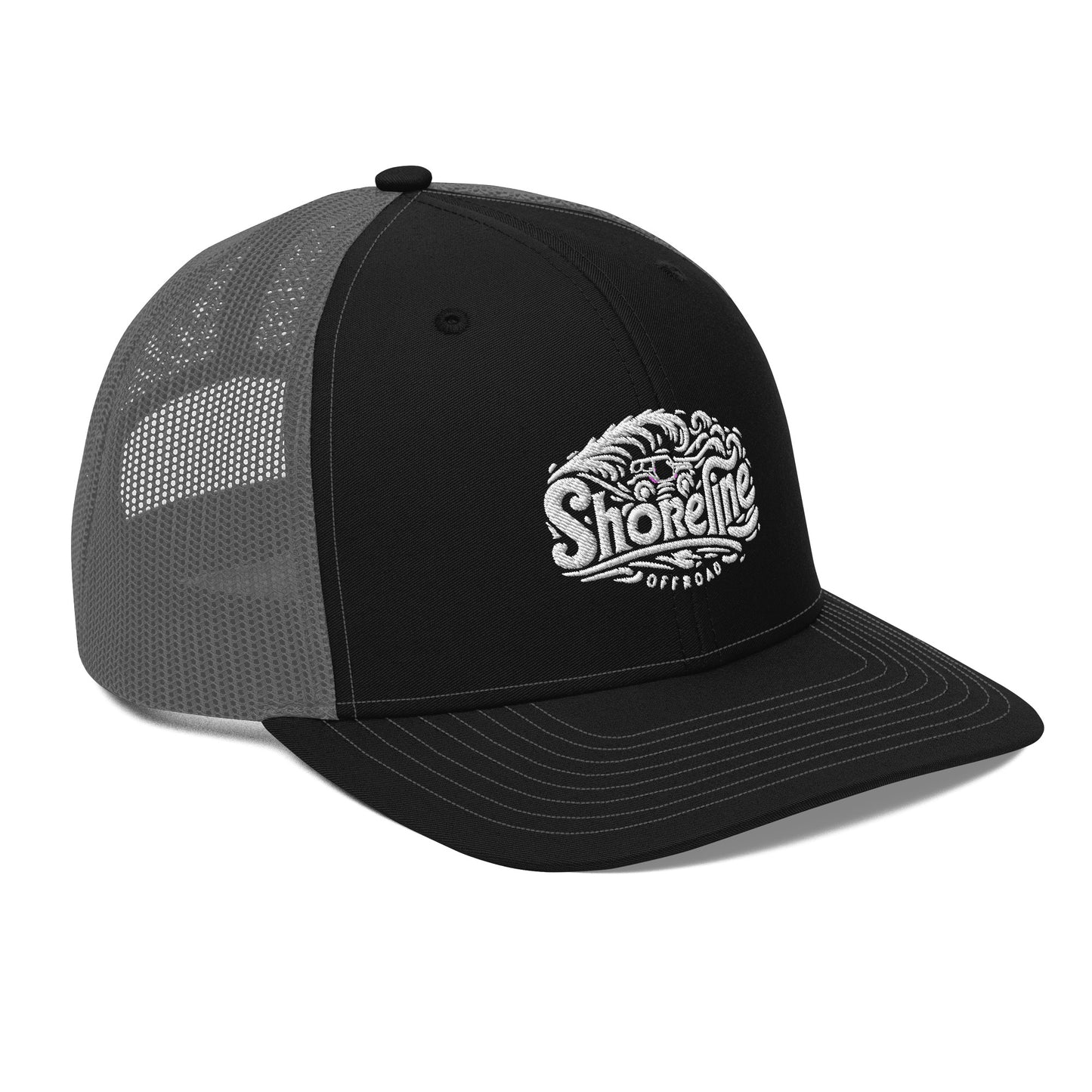 a black and grey hat with the words shoreline on it