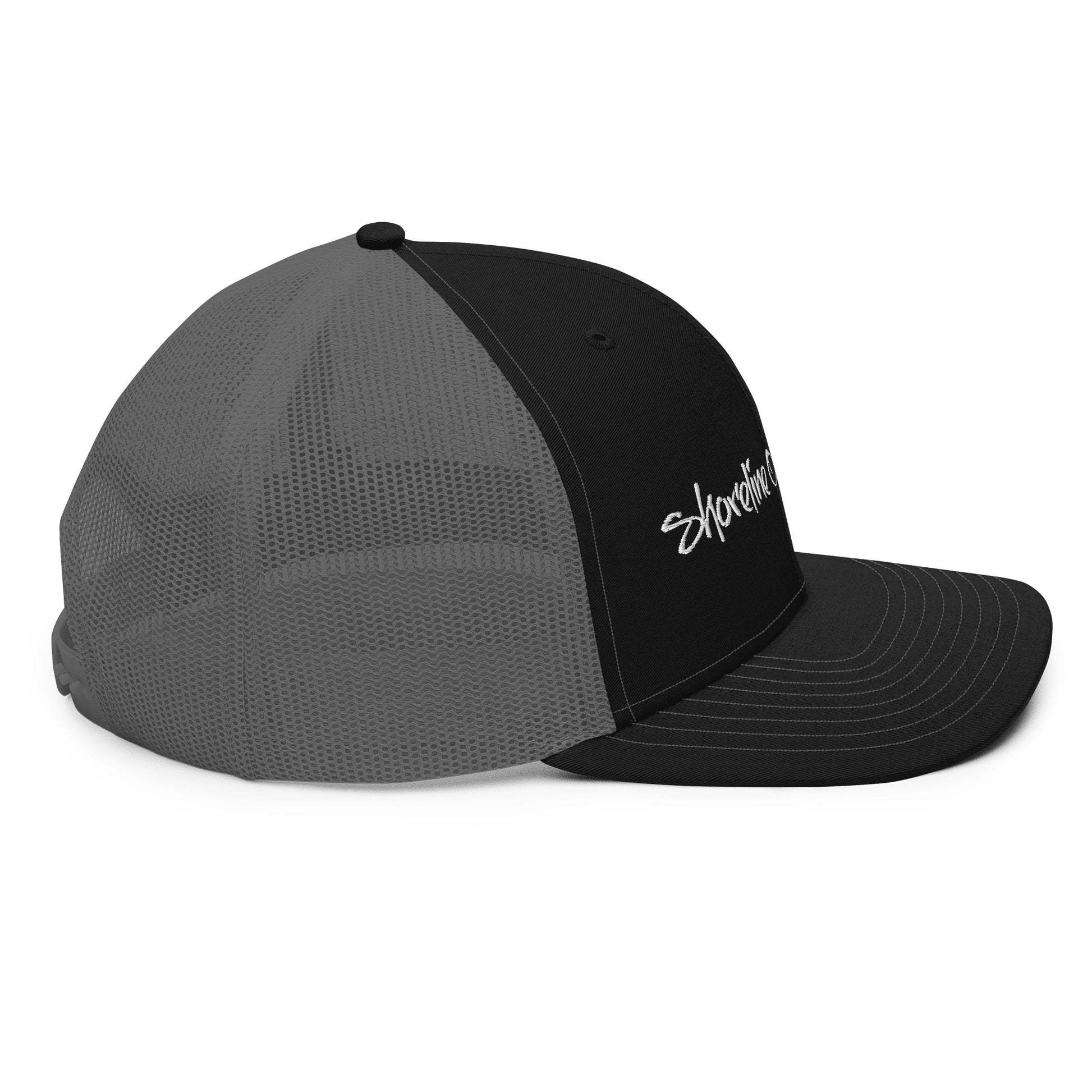 a black and grey hat with a white logo