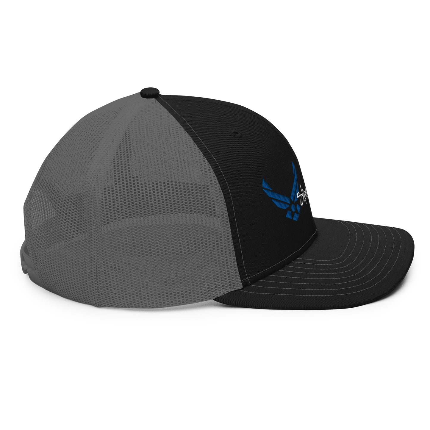 a black and grey hat with a blue bird on it