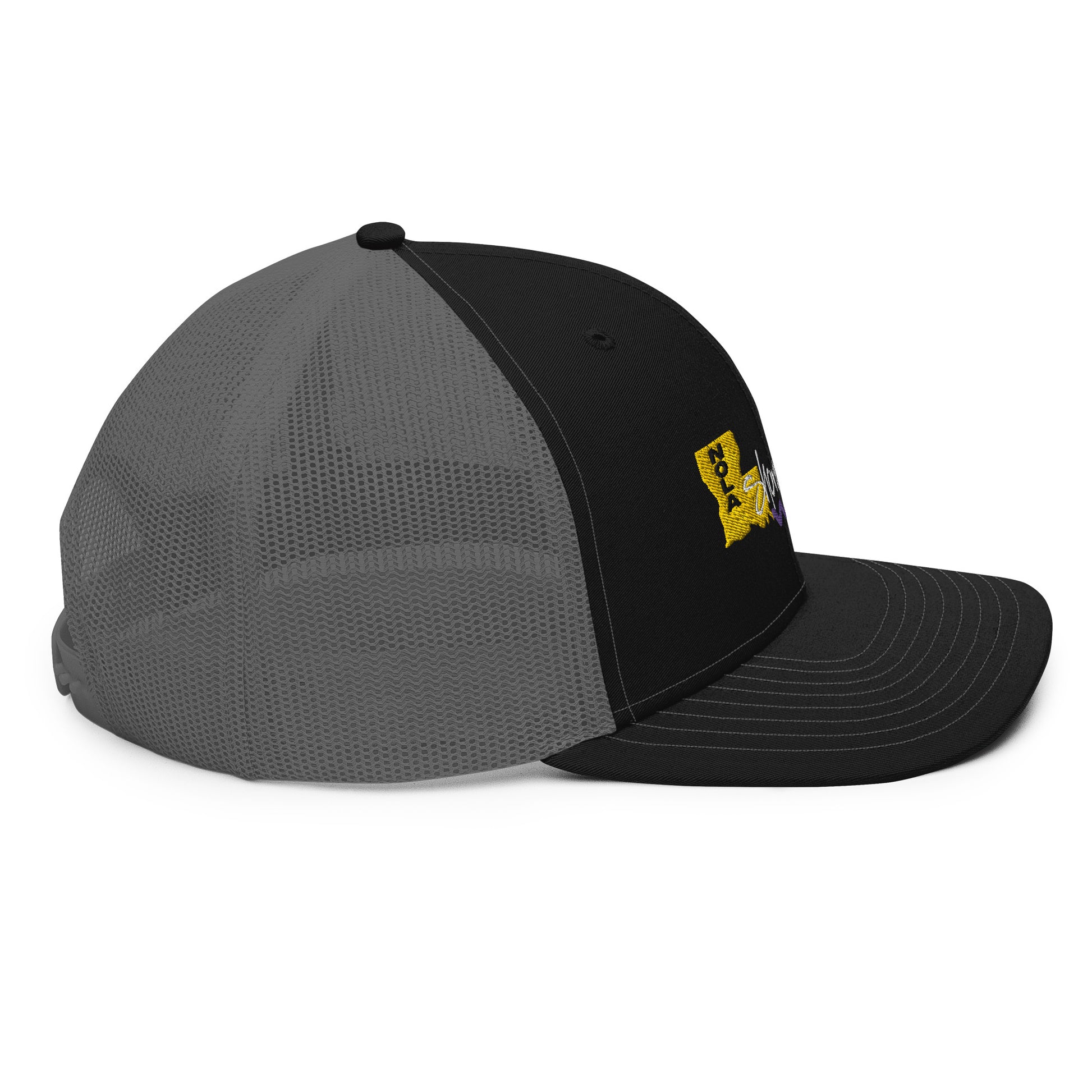 a black and grey hat with a yellow logo