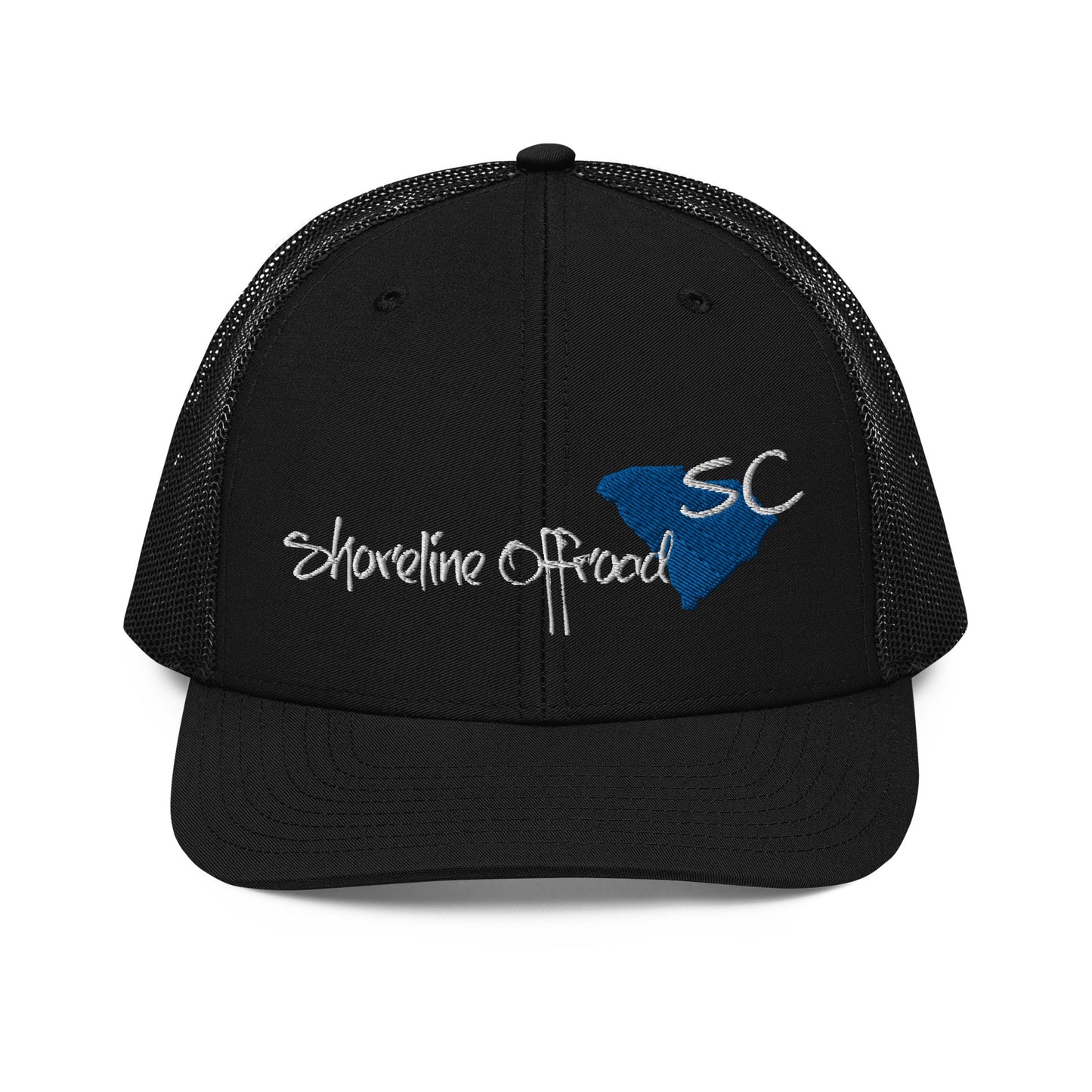 a black trucker hat with a blue and white logo