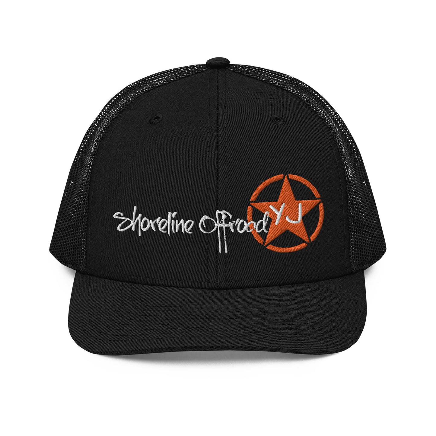 a black trucker hat with a red star and the words shoreline off road on