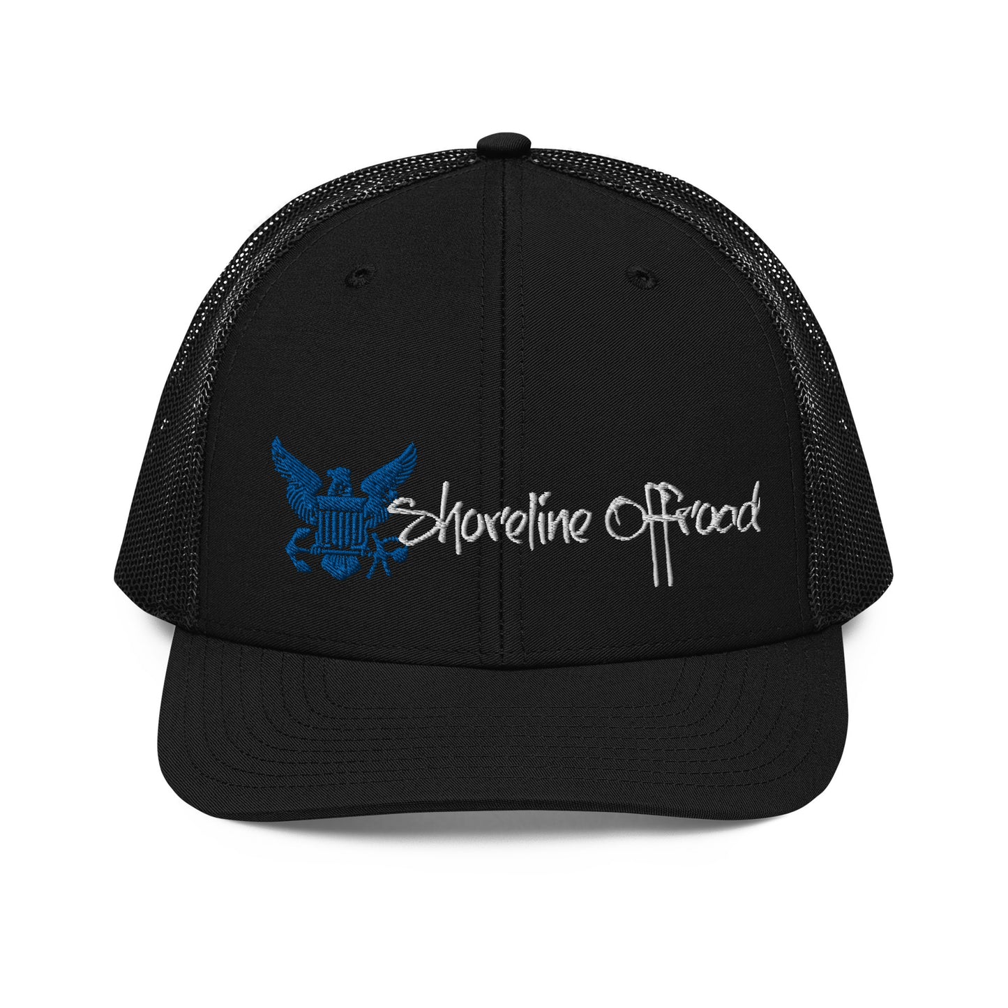 a black trucker hat with a blue and white logo