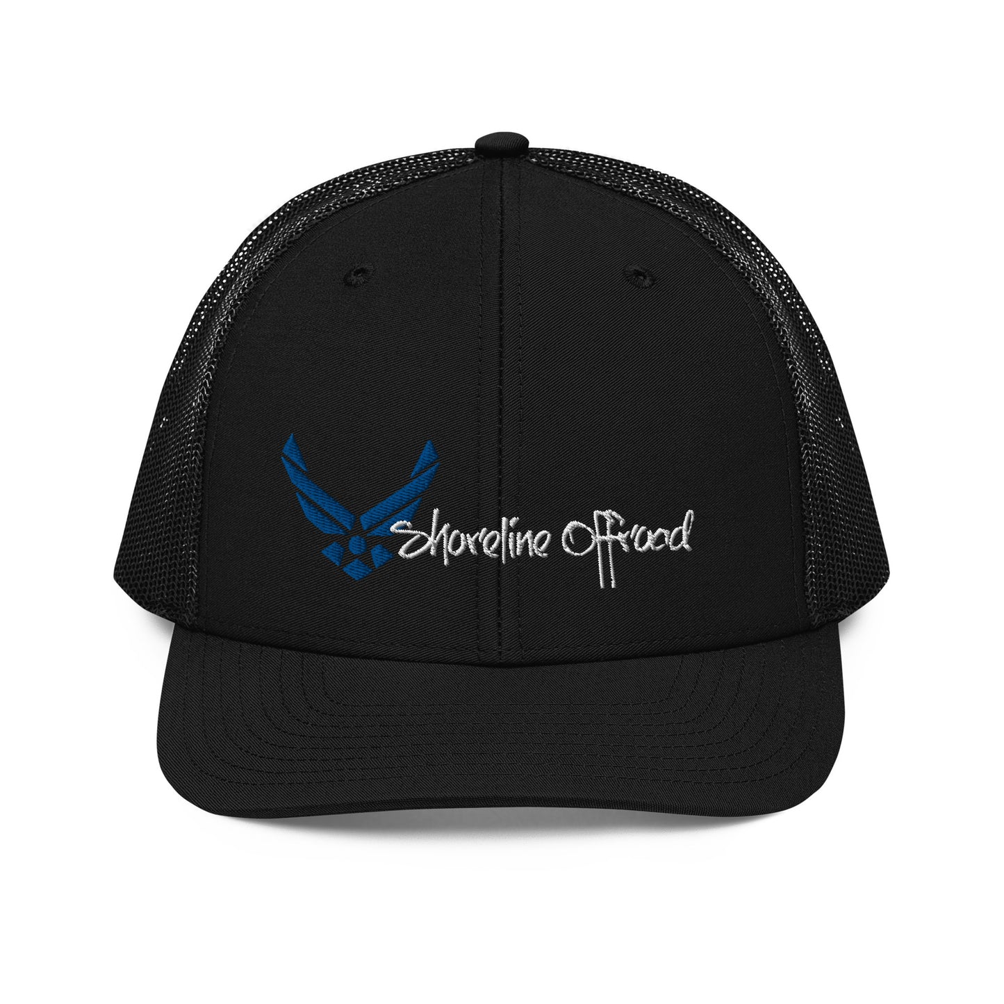 a black trucker hat with a blue eagle on it