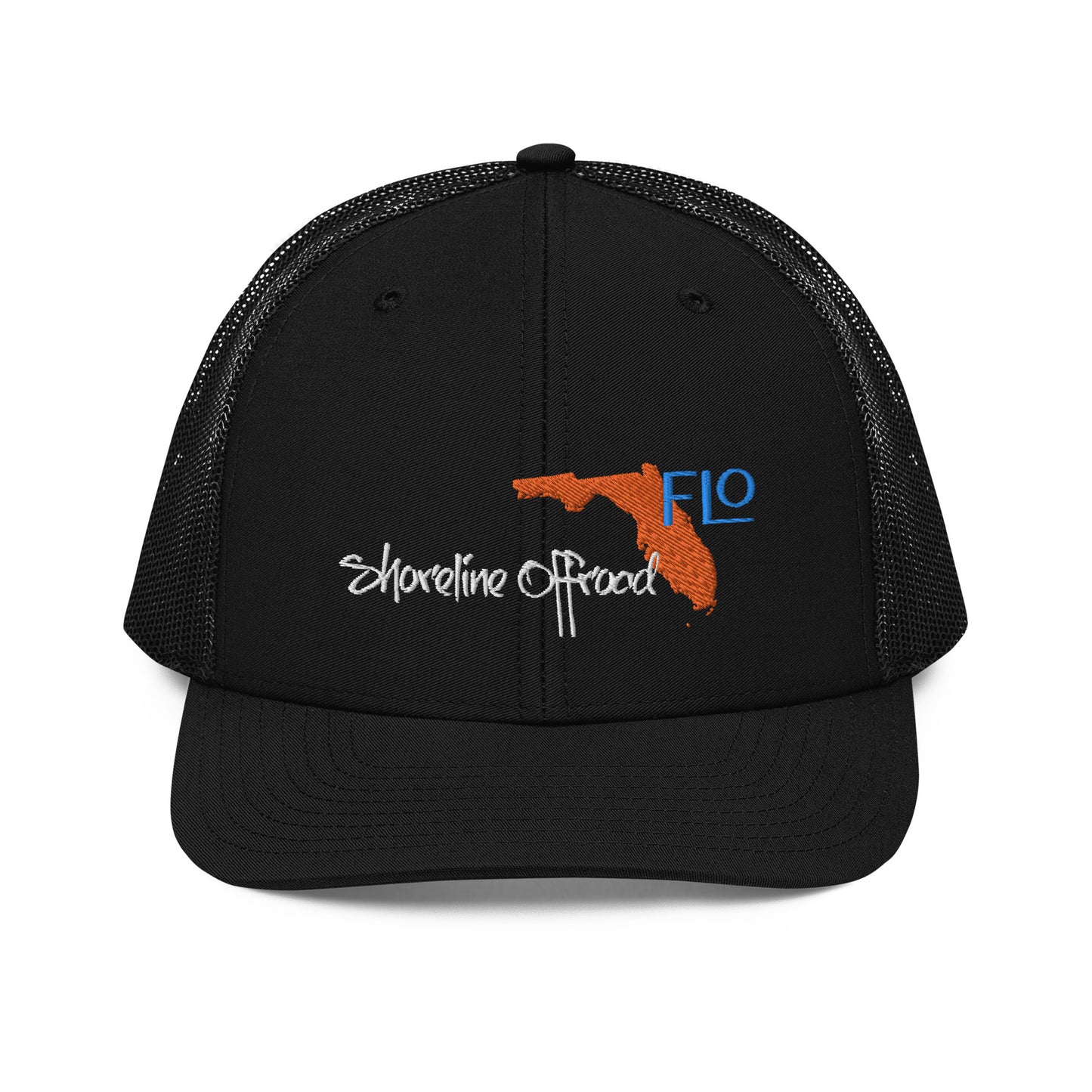 a black trucker hat with an orange and blue logo