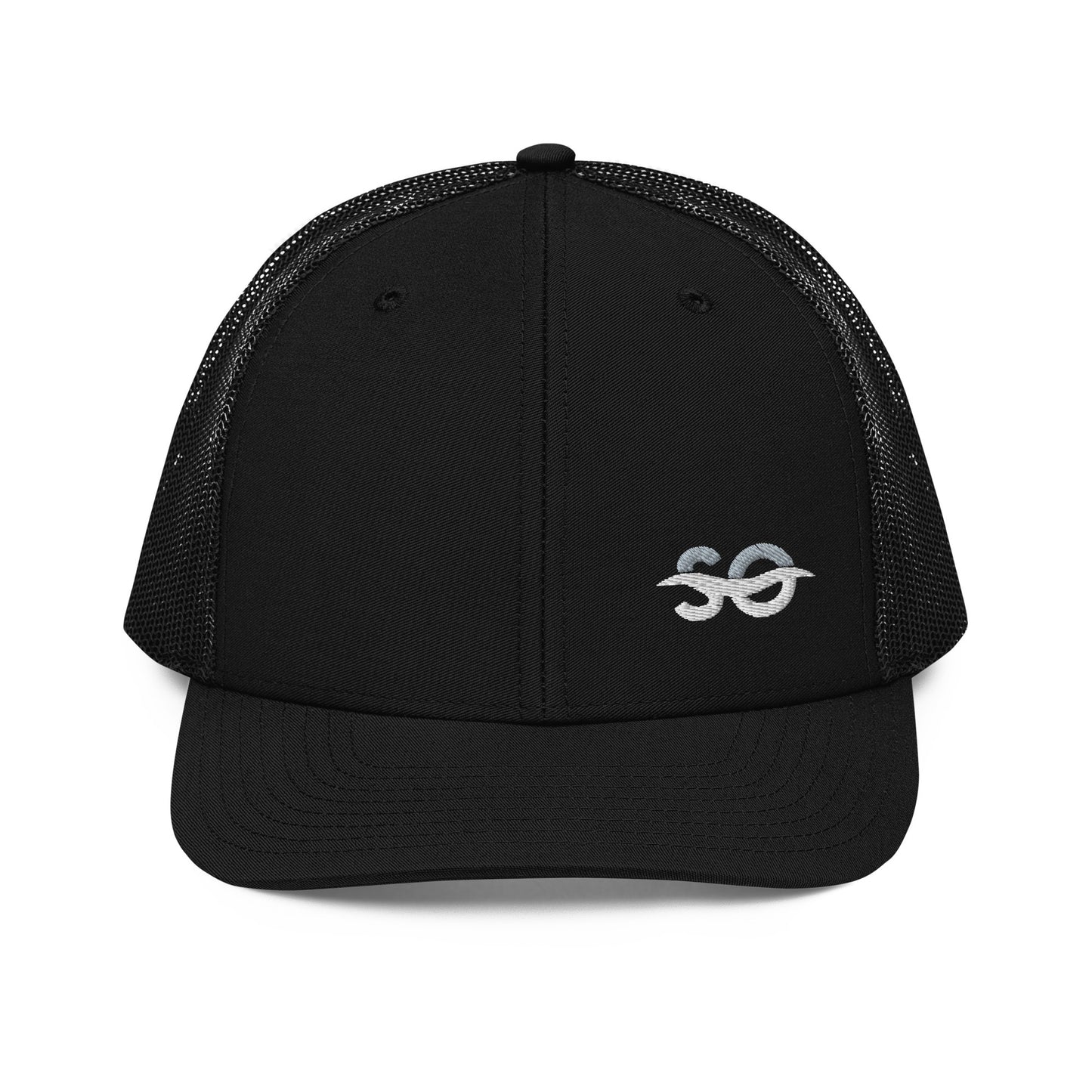 a black trucker hat with the word so on it