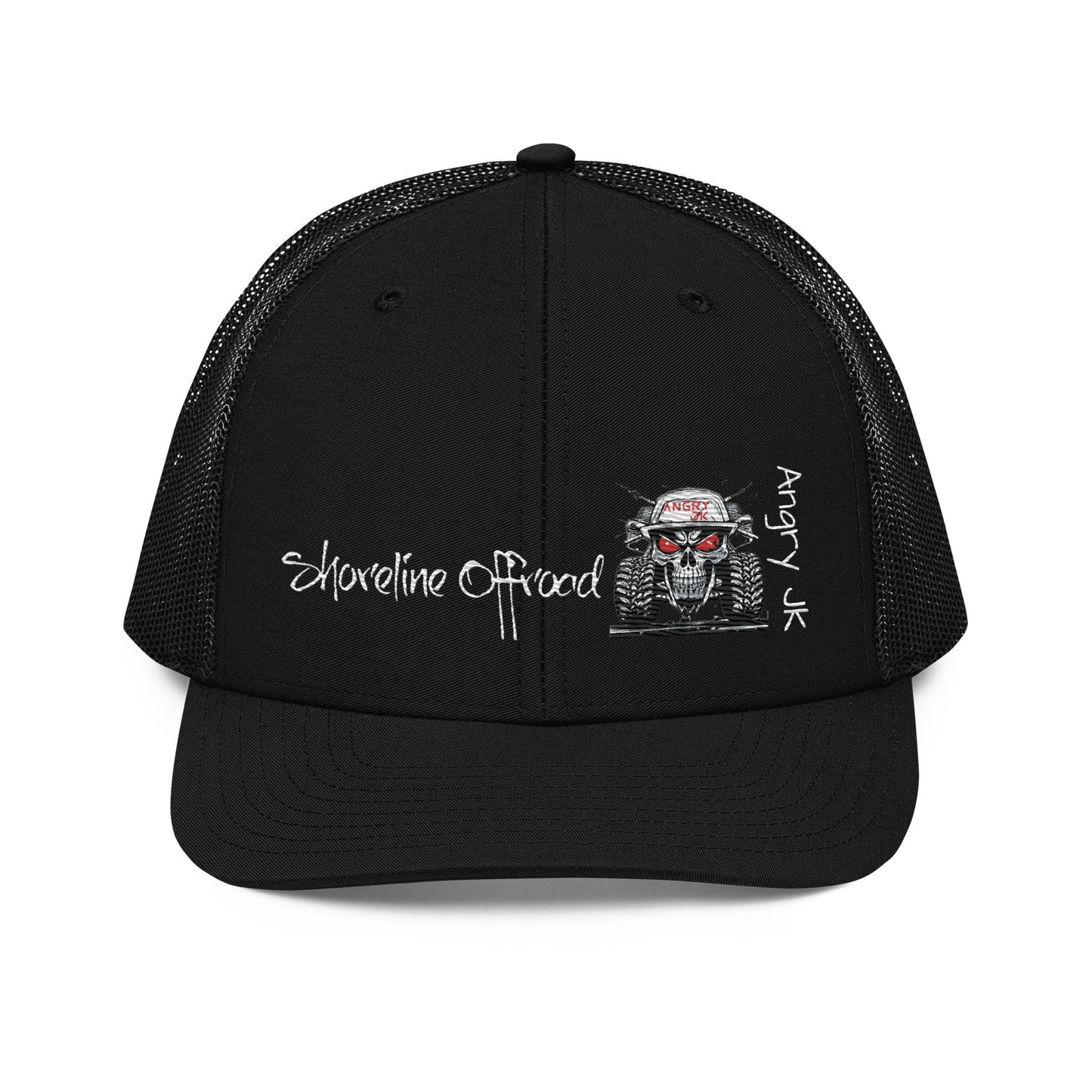 a black trucker hat with a skull on it