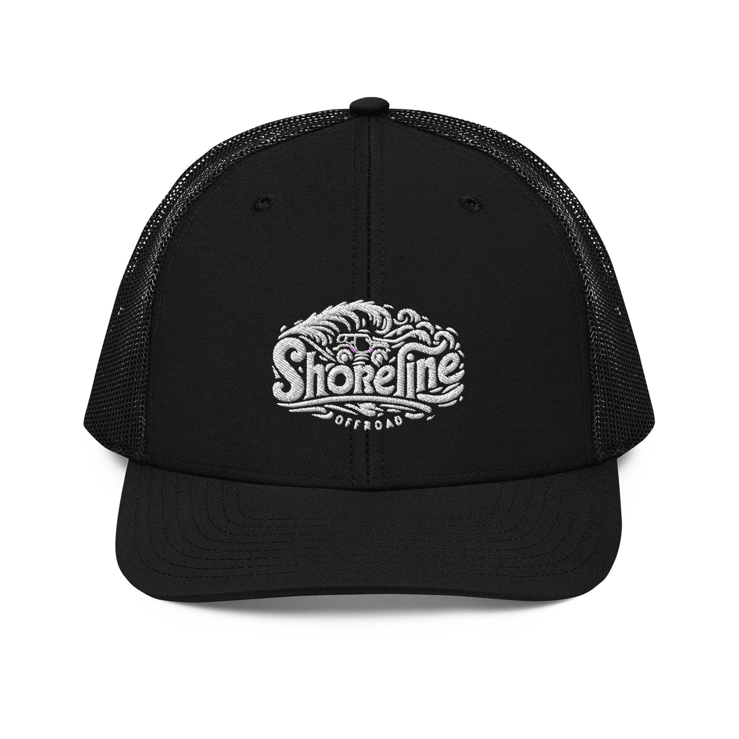 a black trucker hat with the words shoreline on it