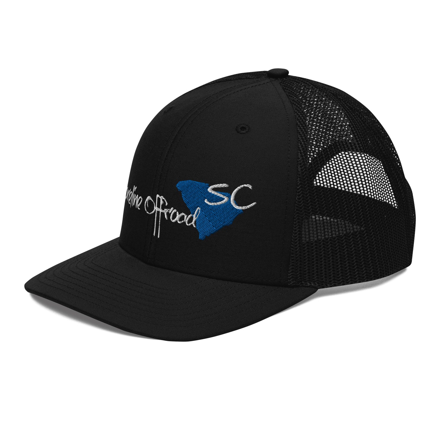 a black trucker hat with the logo of the school