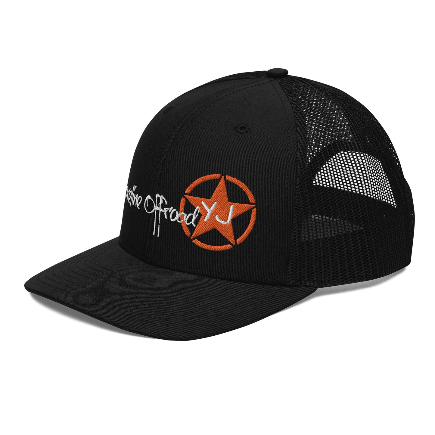 a black hat with an orange star on it