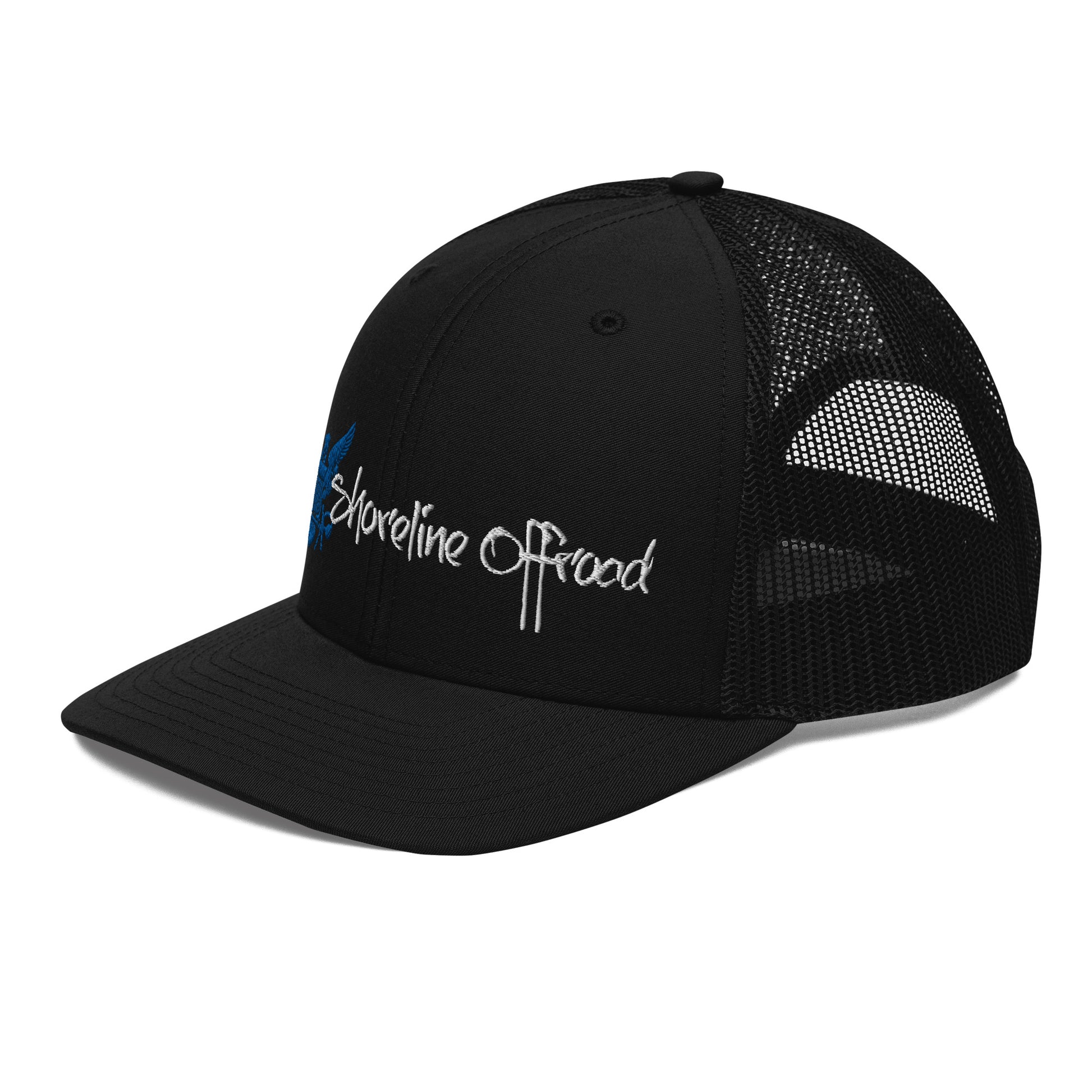 a black trucker hat with a blue and white logo