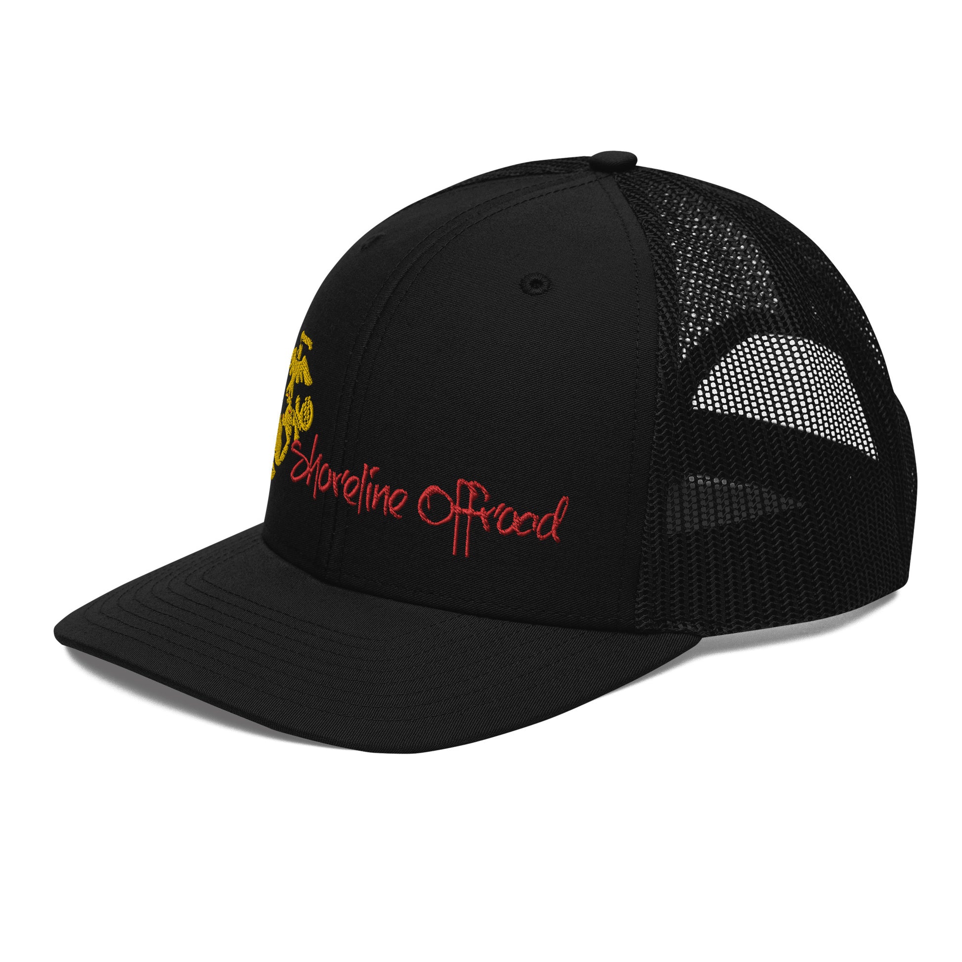 a black hat with a yellow and red logo