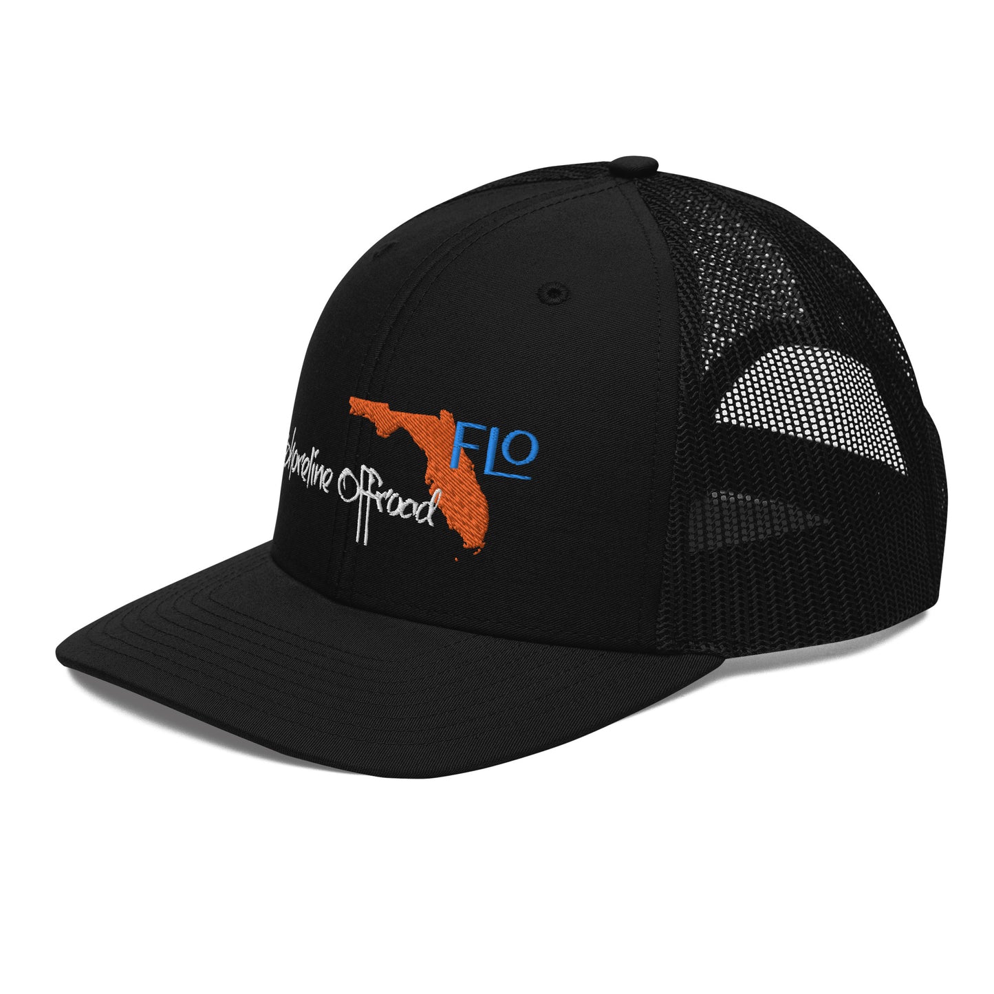 a black trucker hat with a florida map on it