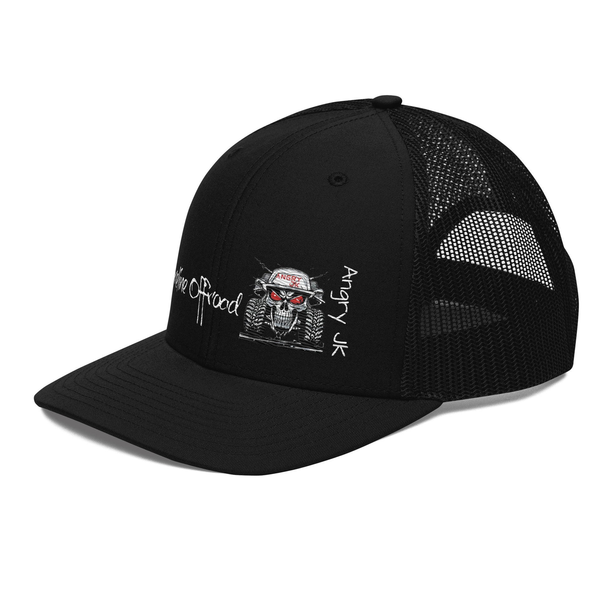 a black trucker hat with a skull on it