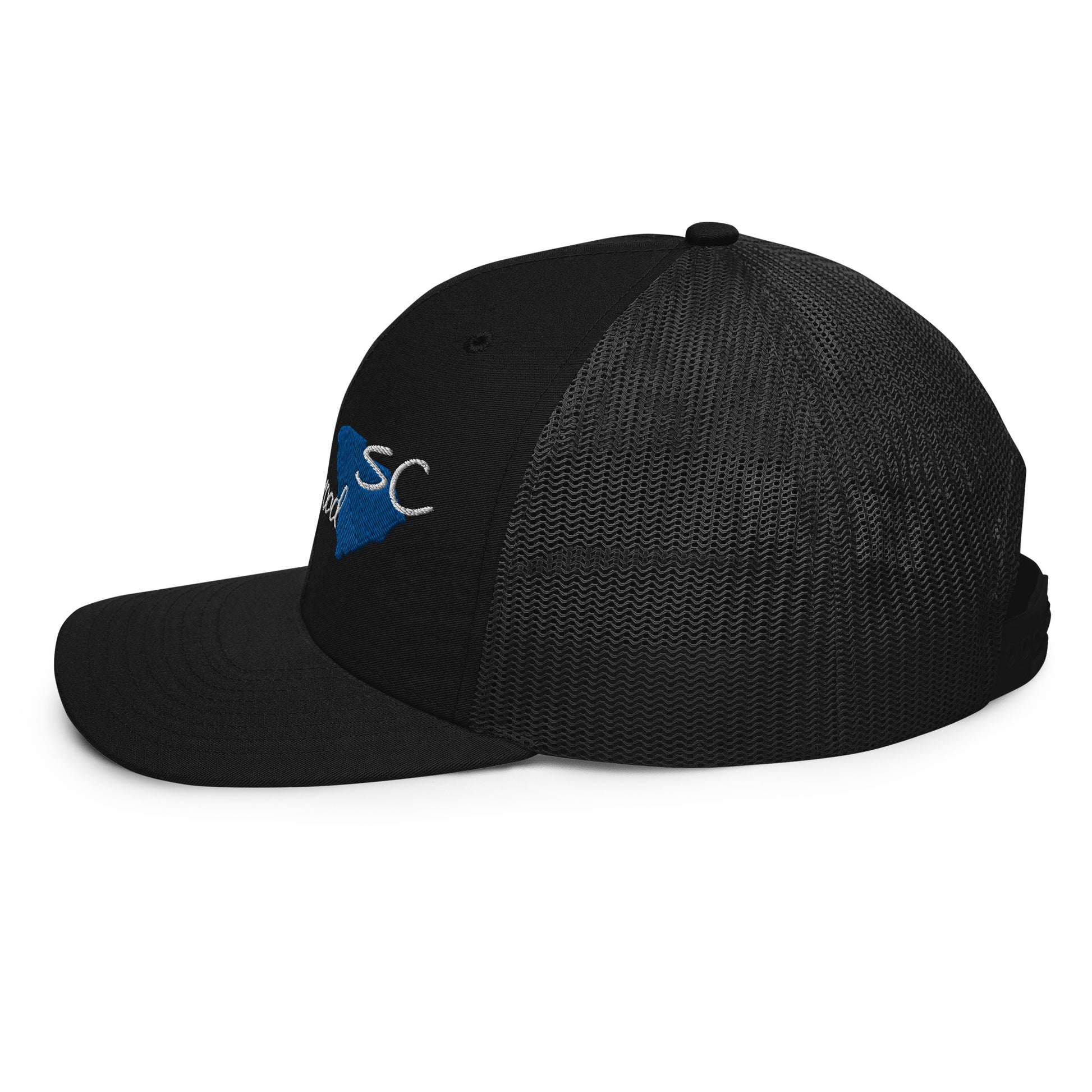 a black hat with a blue and white logo