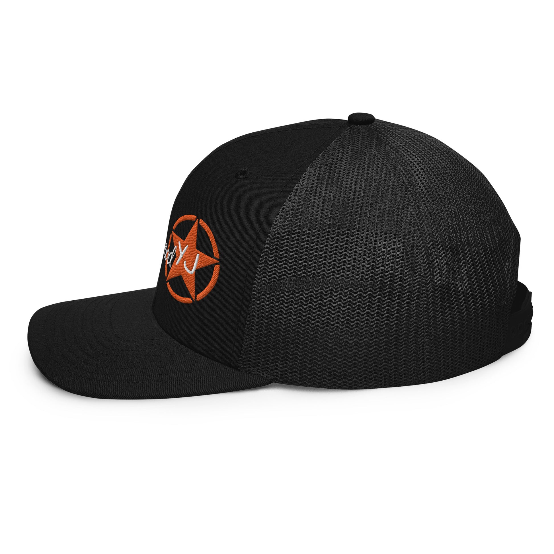 a black hat with an orange star on it