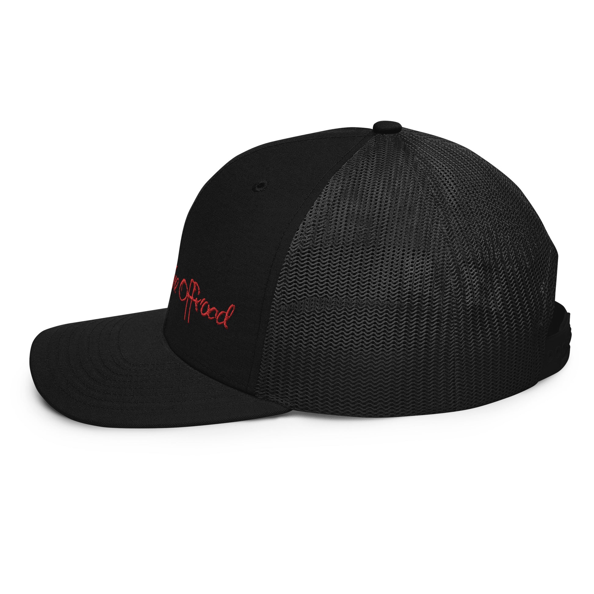 a black hat with a red embroidered logo