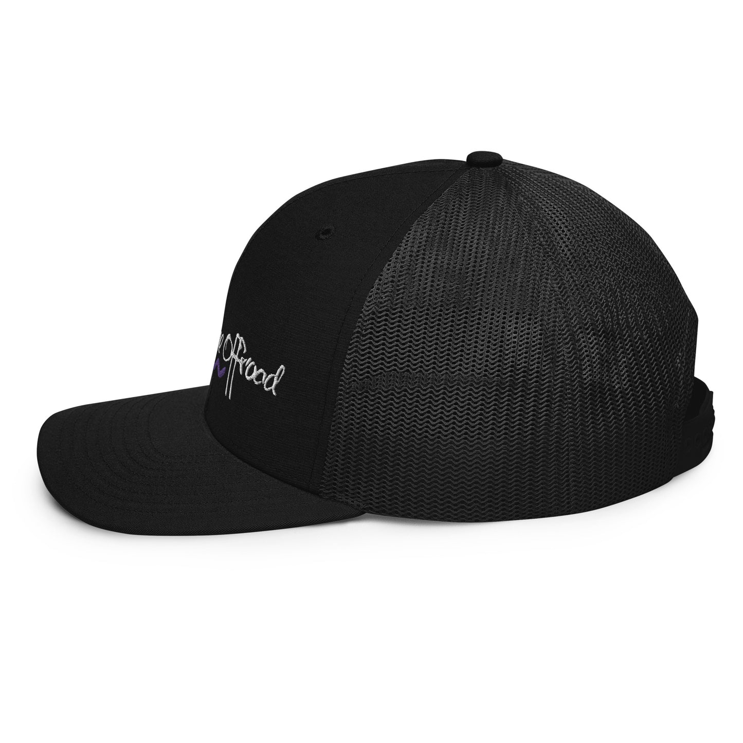 a black hat with a white embroidered logo