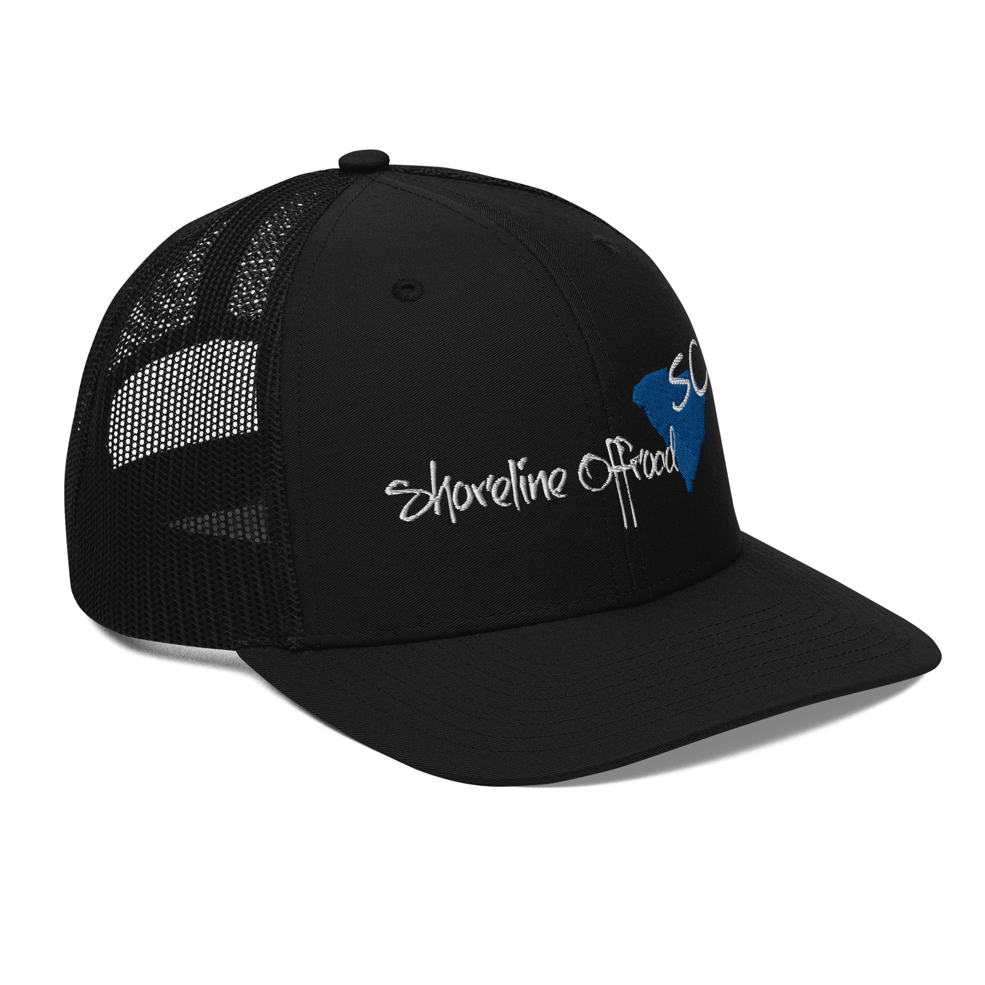 a black trucker hat with a white logo