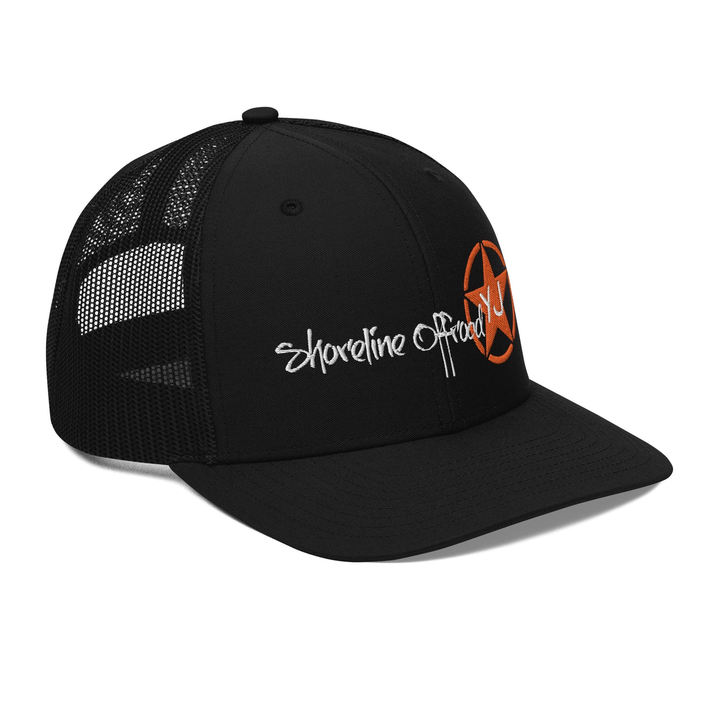 a black trucker hat with an orange and white logo