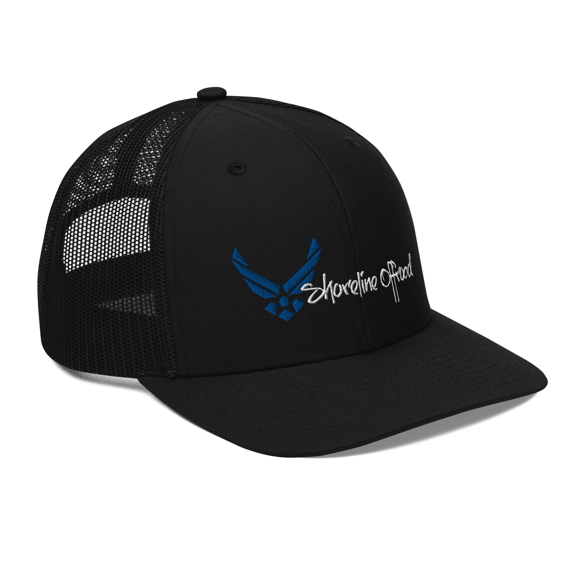 a black hat with a blue eagle on it