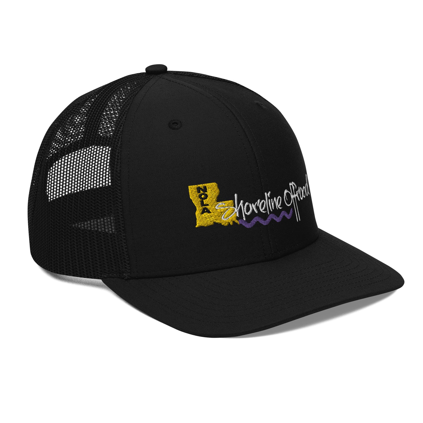 a black trucker hat with a yellow and purple logo