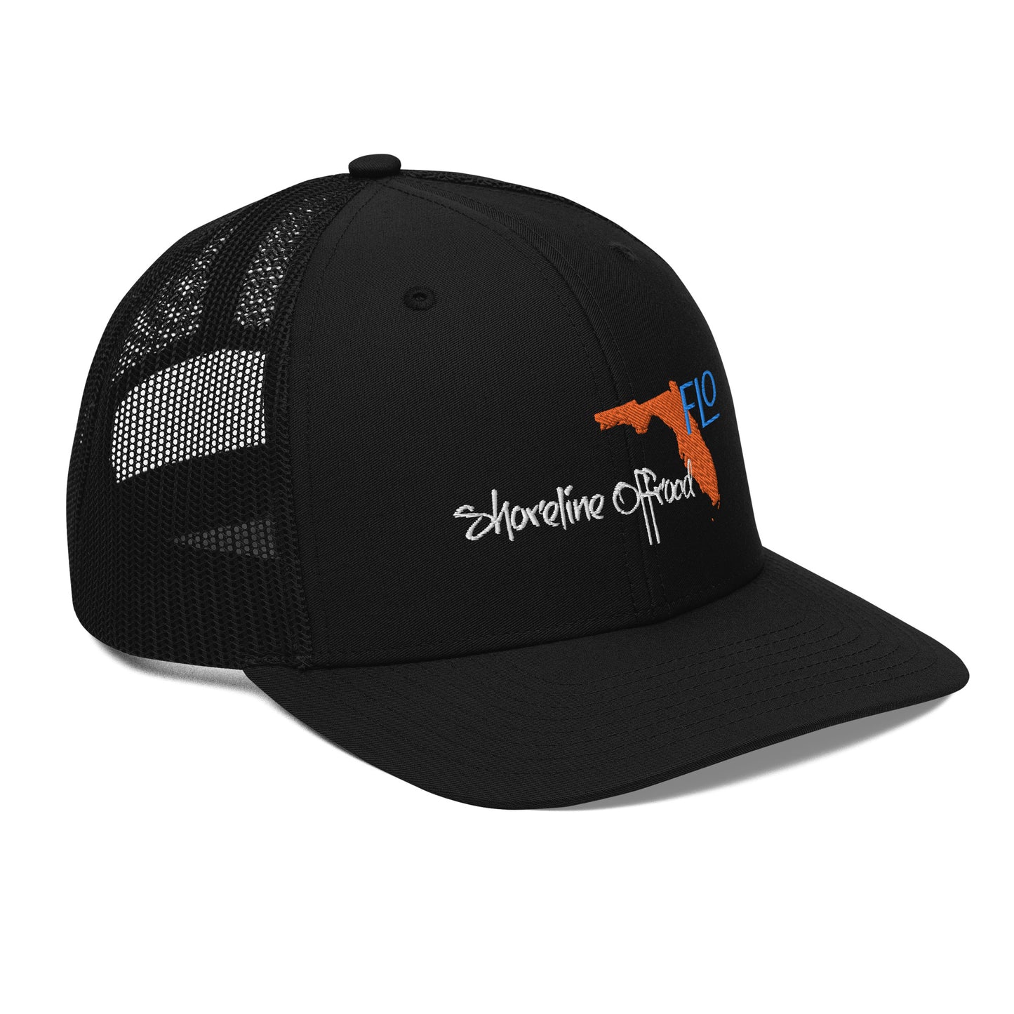 a black trucker hat with an orange logo