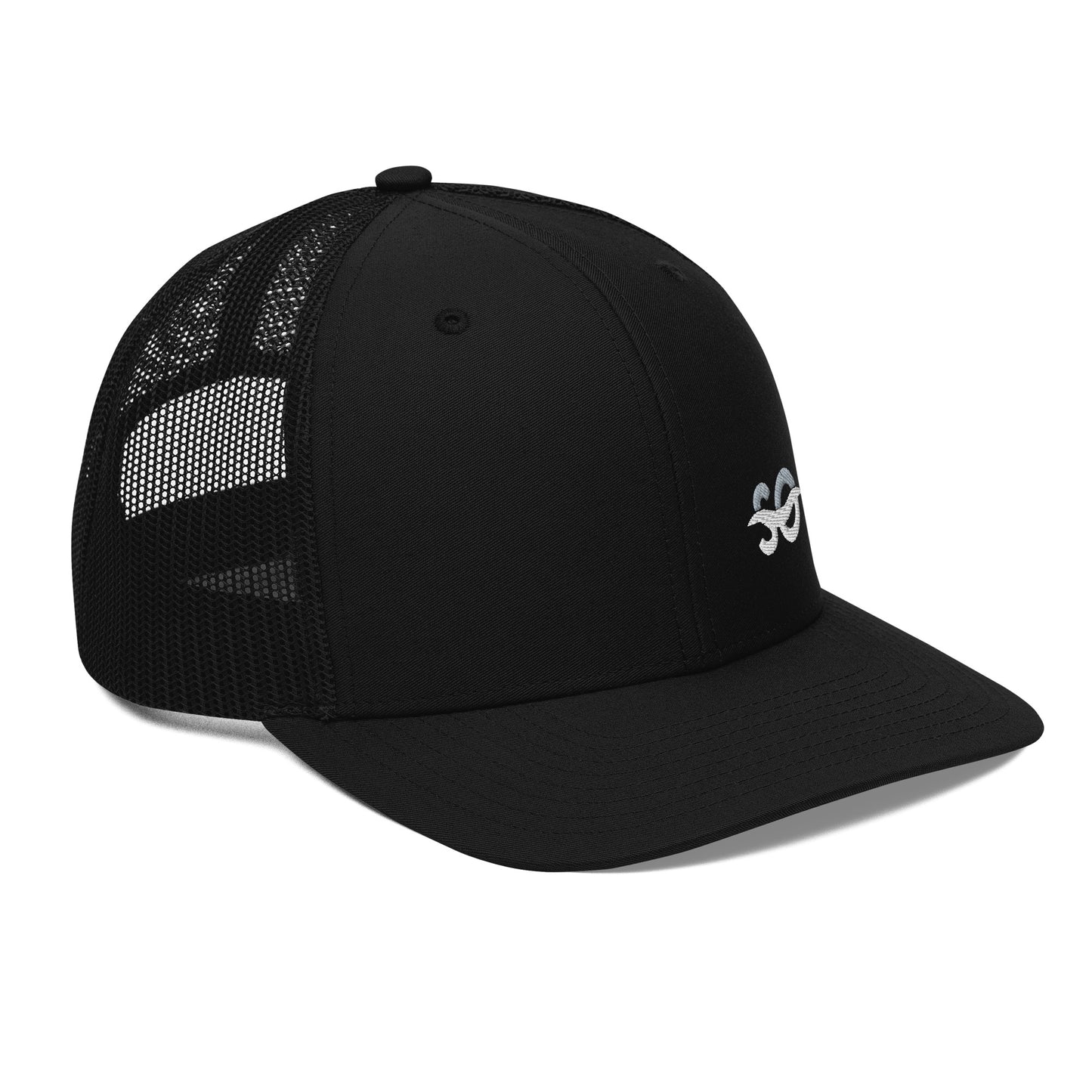 a black hat with a white logo on the front