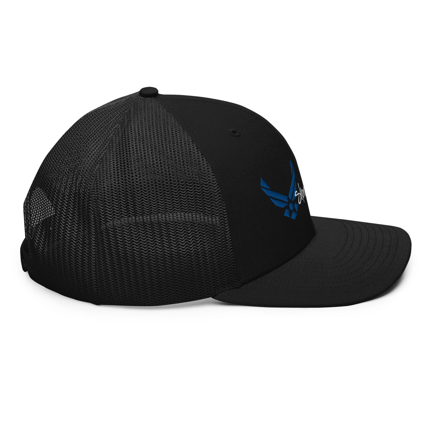 a black hat with a blue bird on it