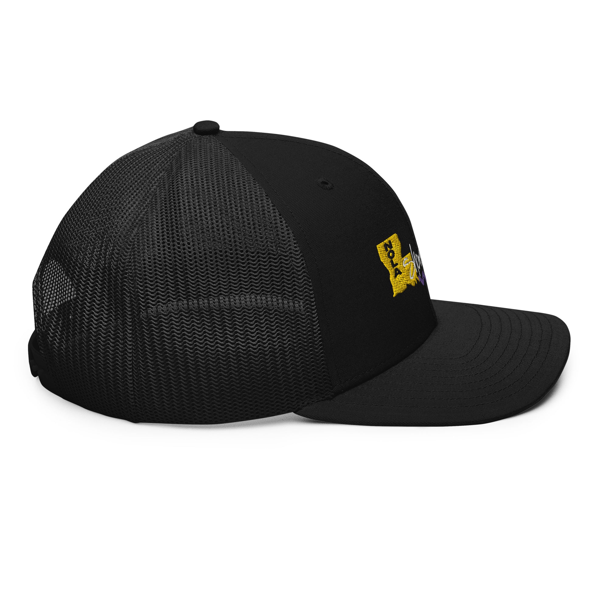 a black hat with a yellow logo on it