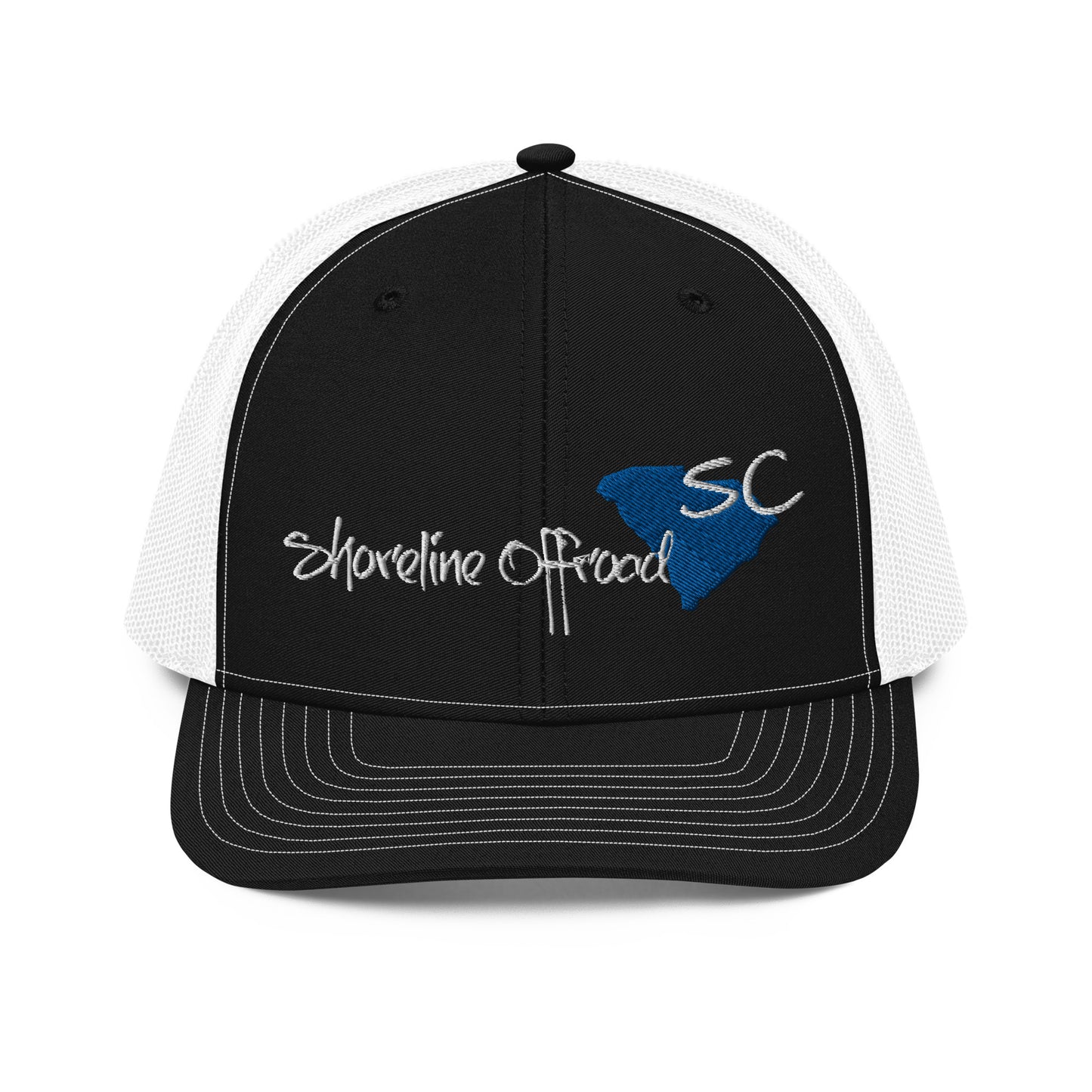 a black and white trucker hat with a blue and white logo