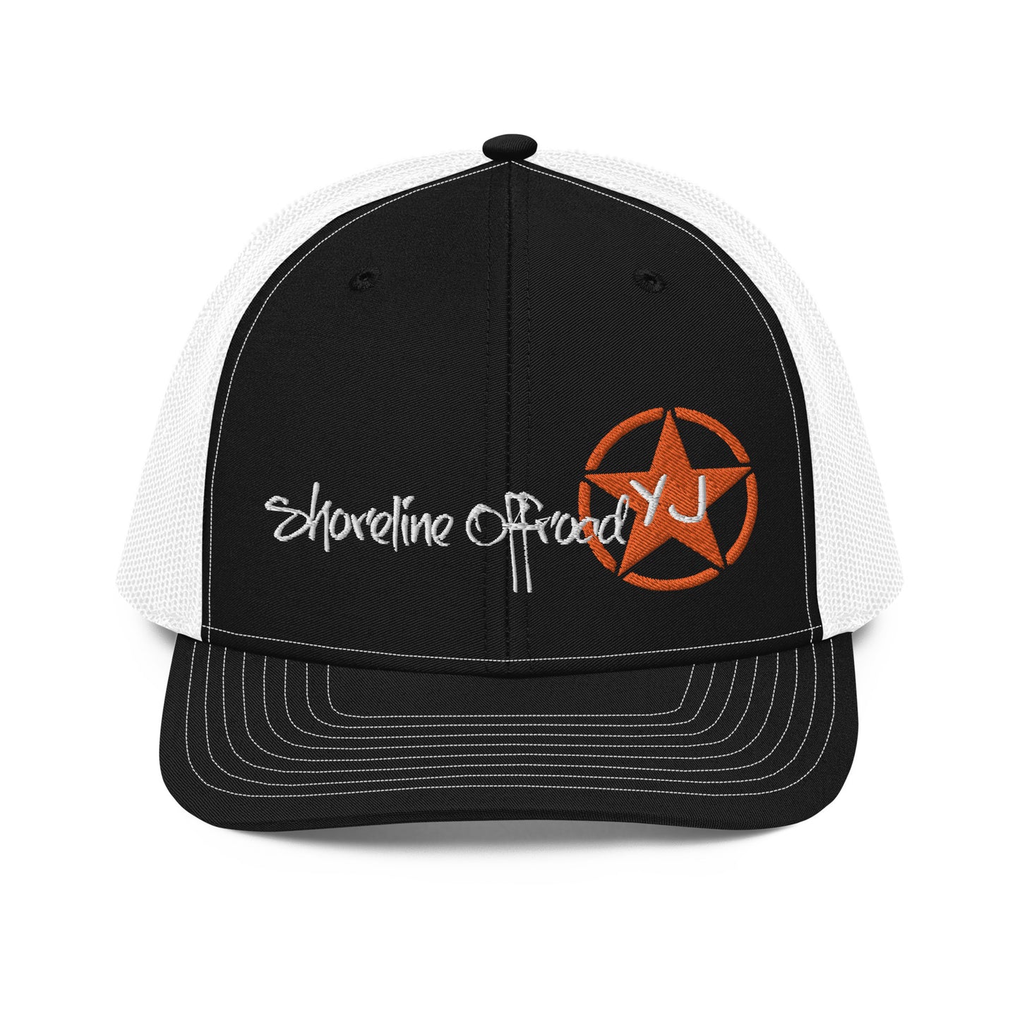 a black and white trucker hat with an orange star on it