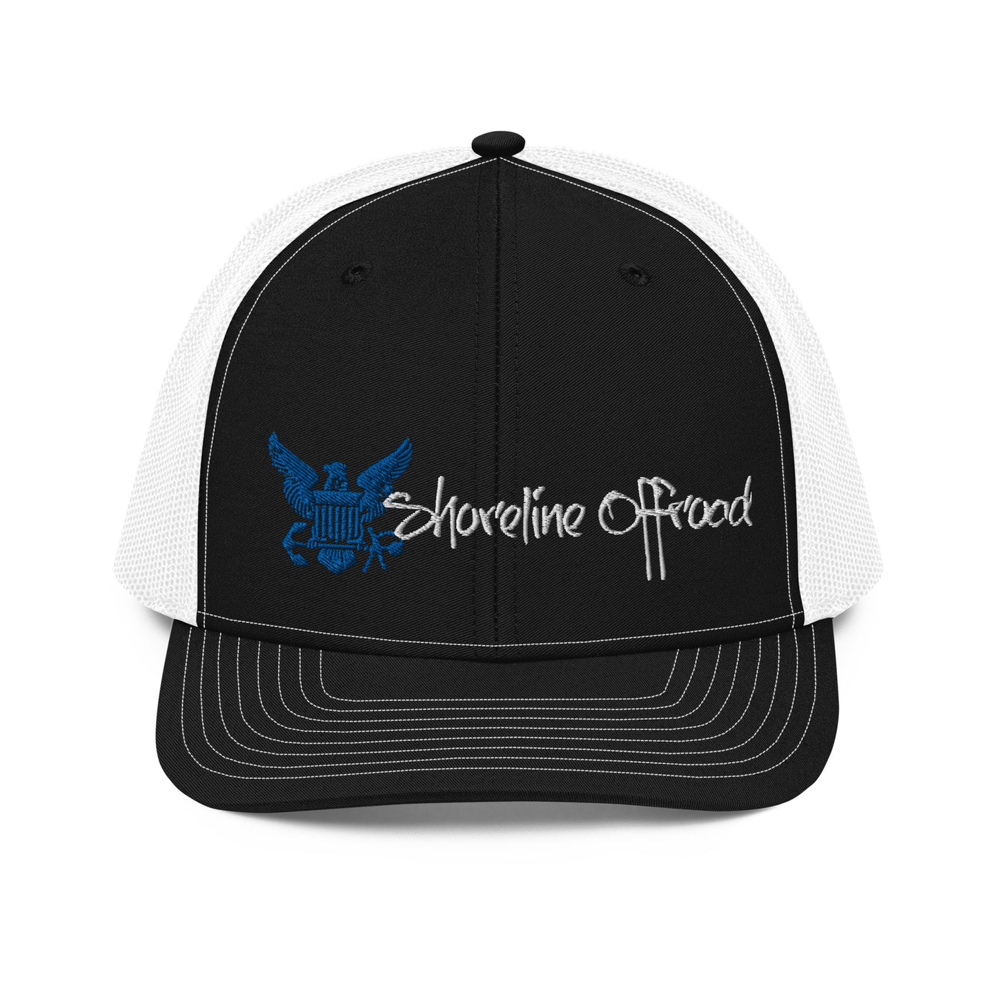 a black and white trucker hat with a blue and white logo