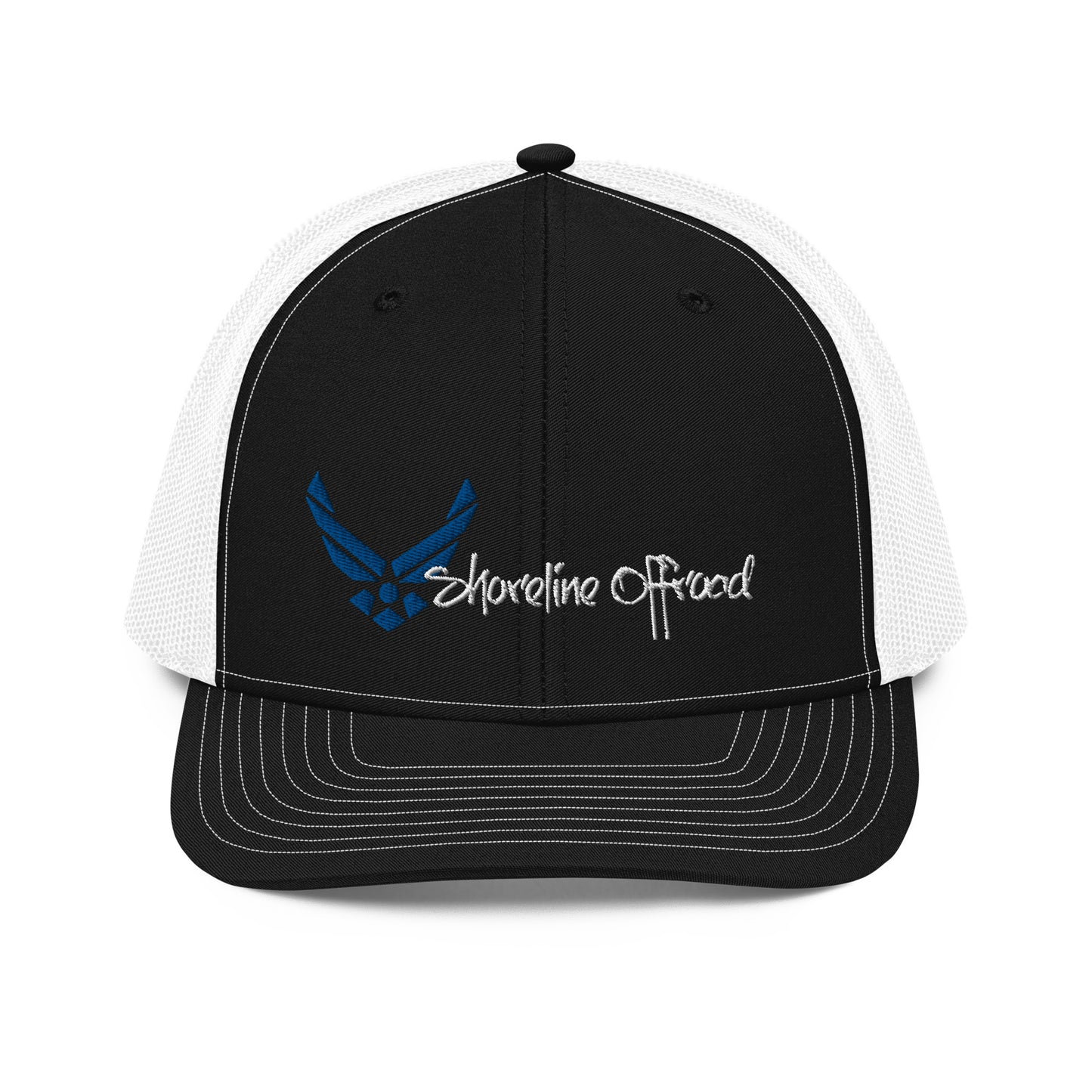 a black and white trucker hat with a blue eagle on it