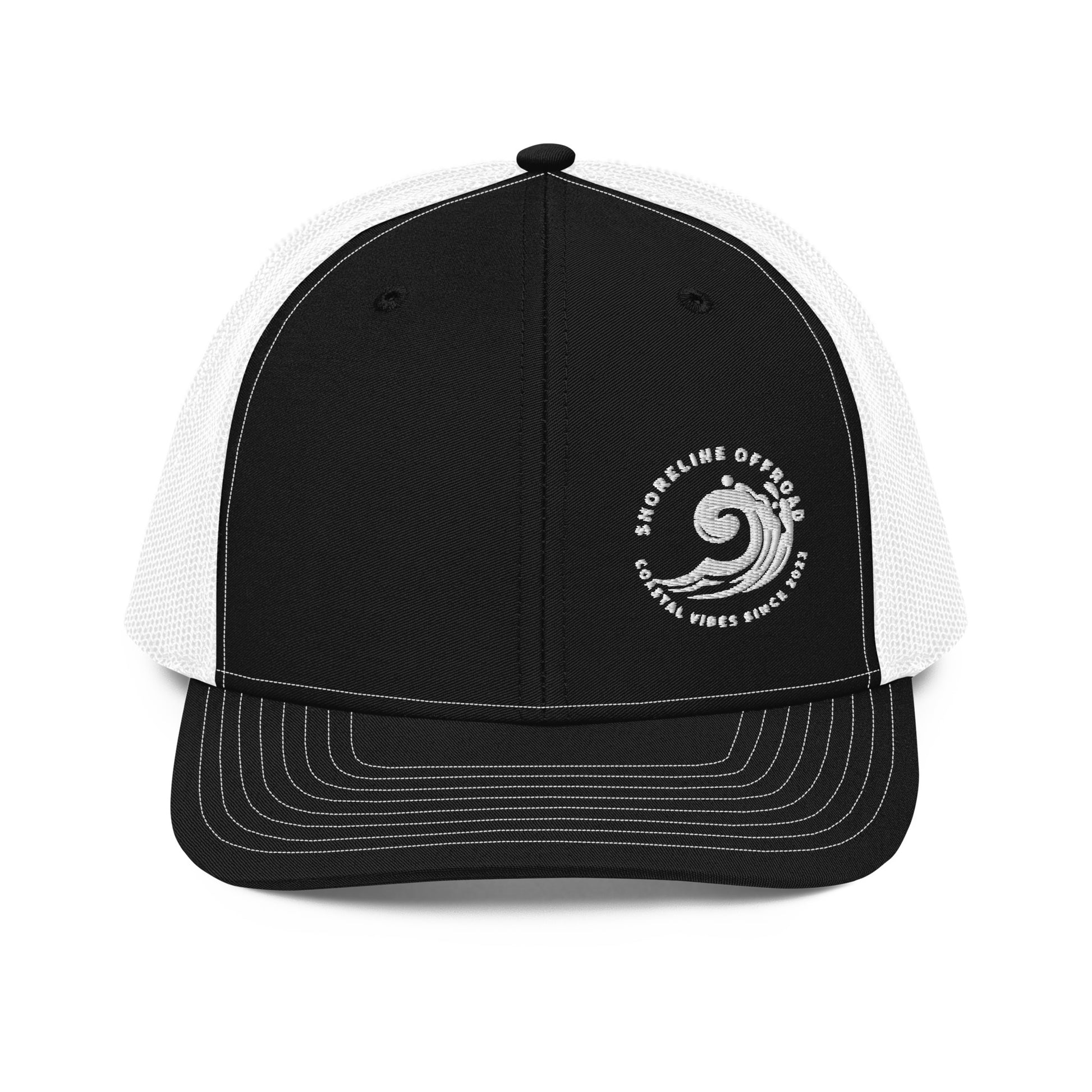 a black and white trucker hat with a white logo