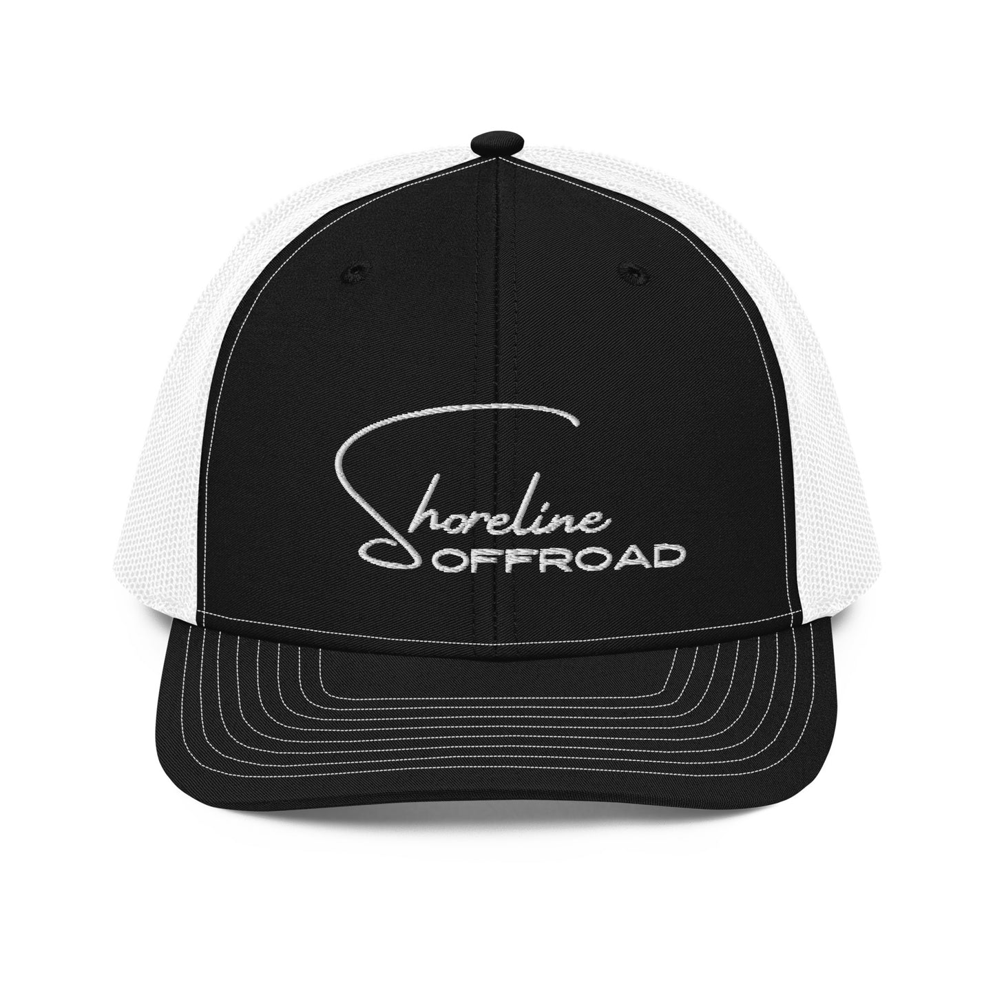 a black and white trucker hat with the shoreline offroad logo