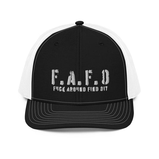 a black and white trucker hat with the word f a f d on it