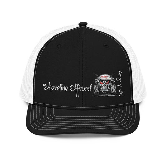 a black and white trucker hat with a skull on it