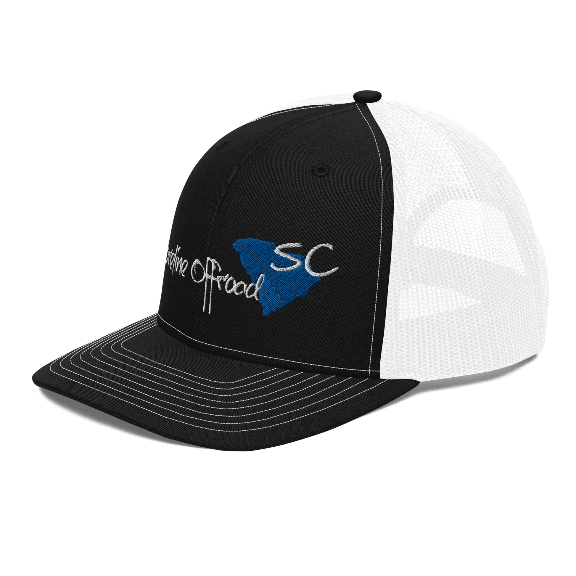 a black and white trucker hat with a sc logo