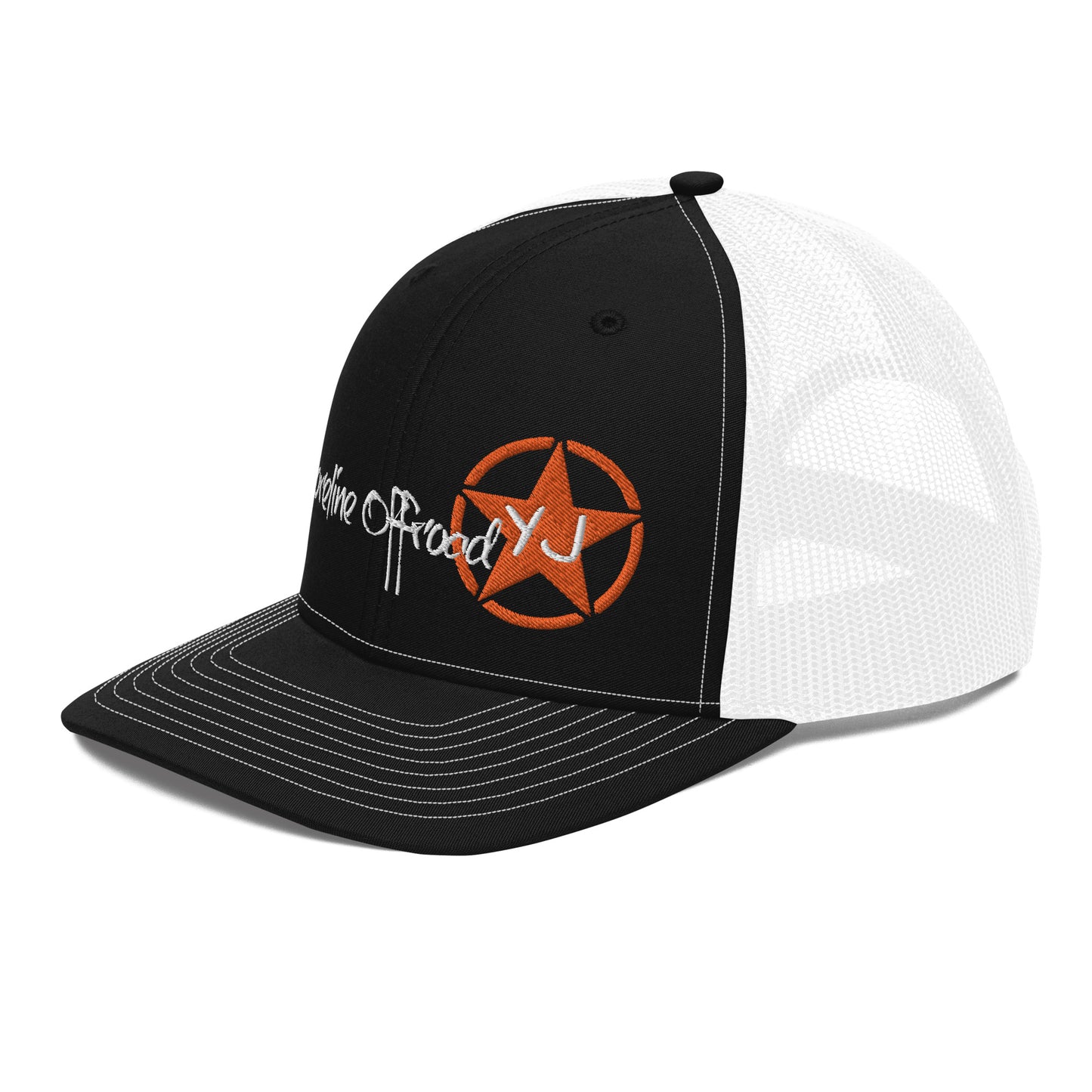 a black and white hat with an orange star on it