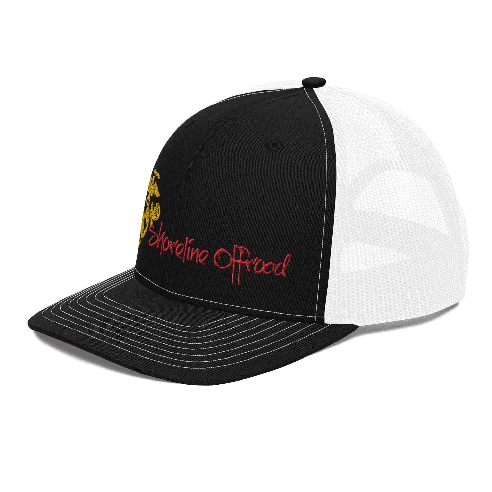 a black and white trucker hat with a yellow and red logo