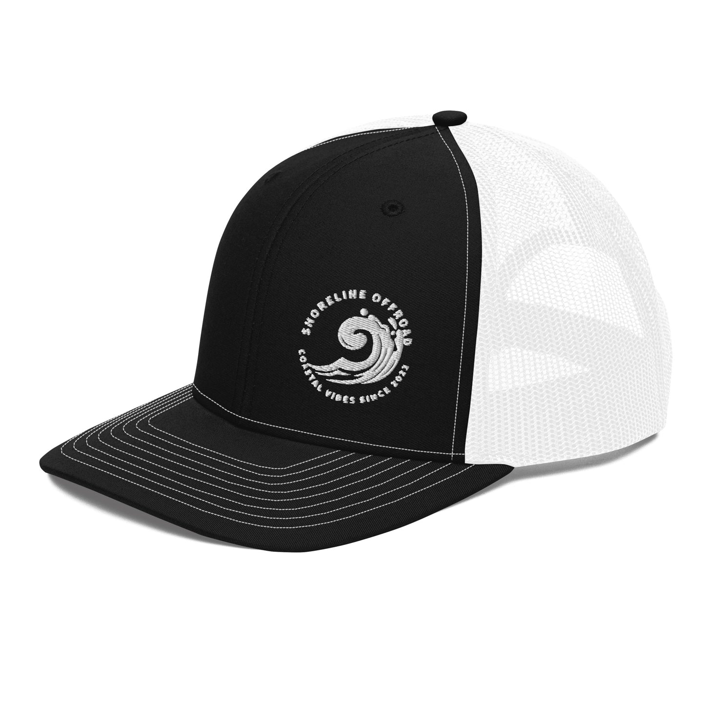 a black and white trucker hat with a white logo