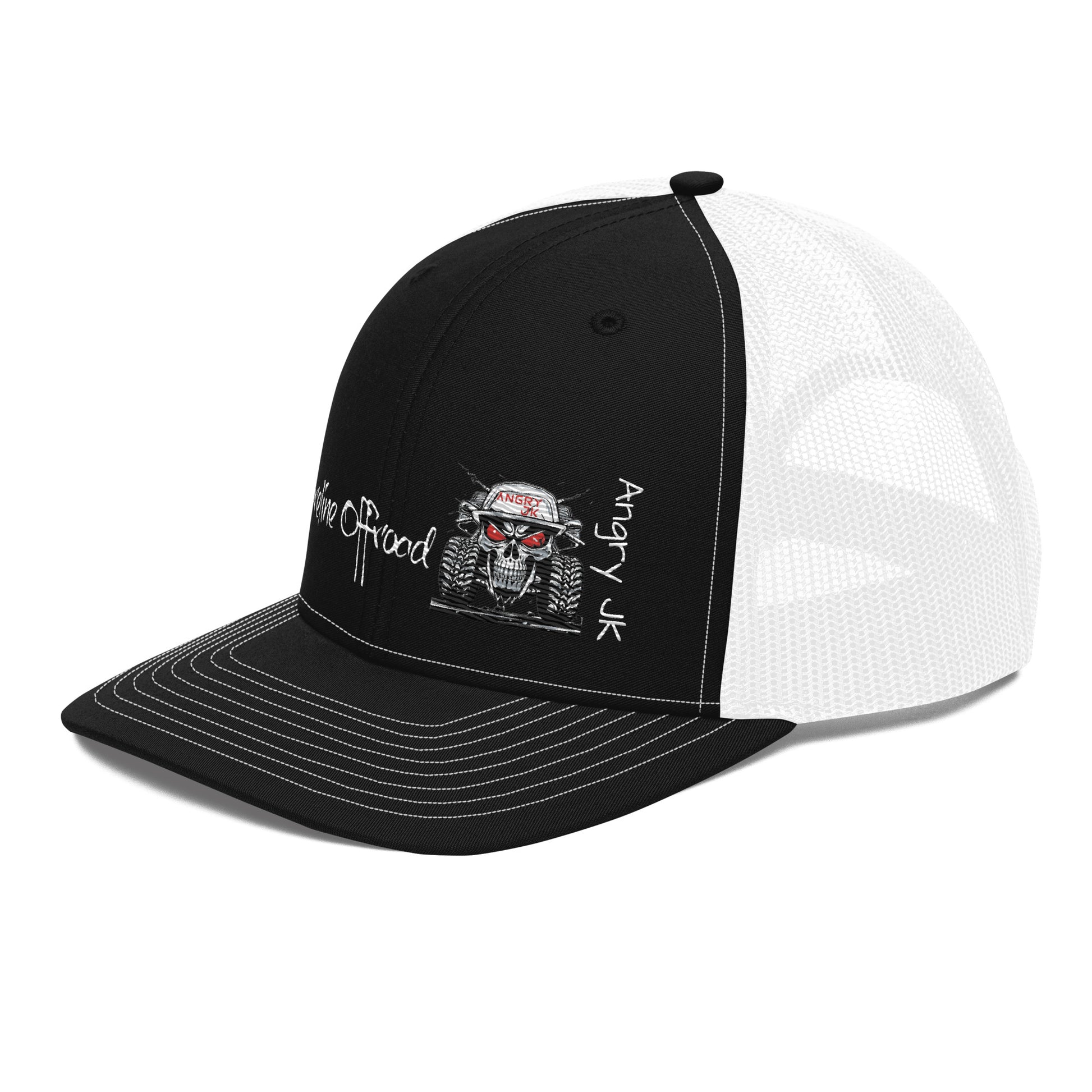 a black and white trucker hat with a skull on it