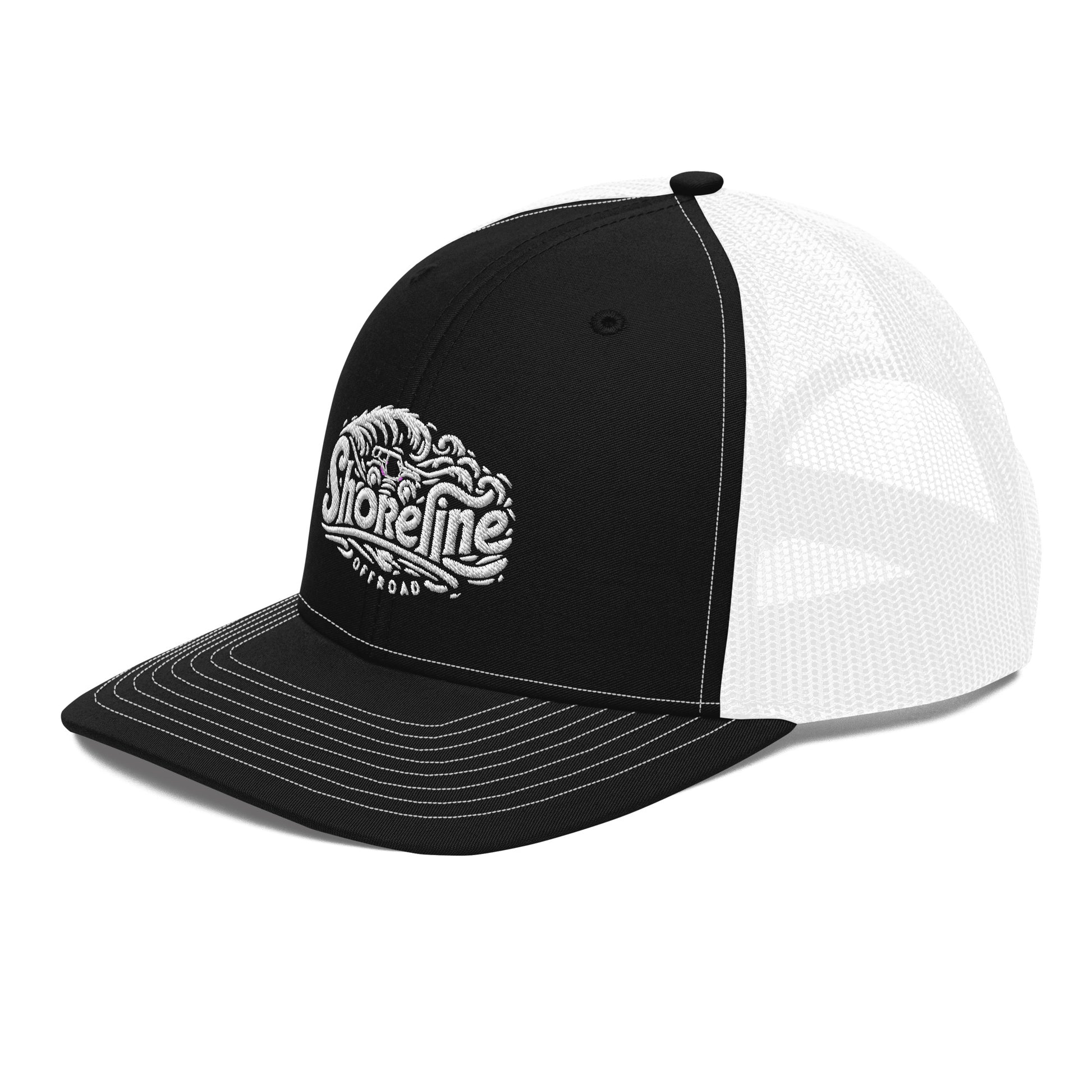 a black and white trucker hat with a white and black logo