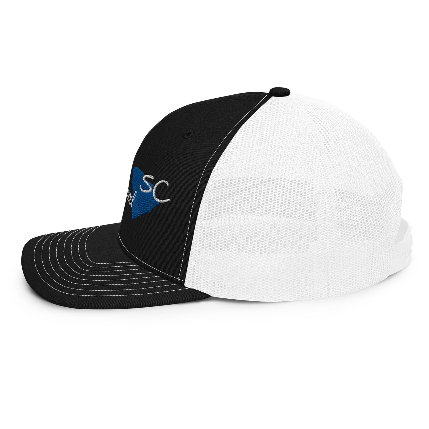 a black and white hat with a blue and white logo
