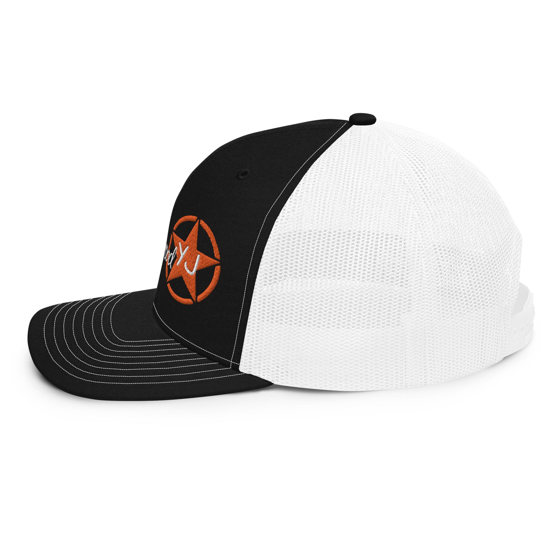 a black and white hat with an orange star on it